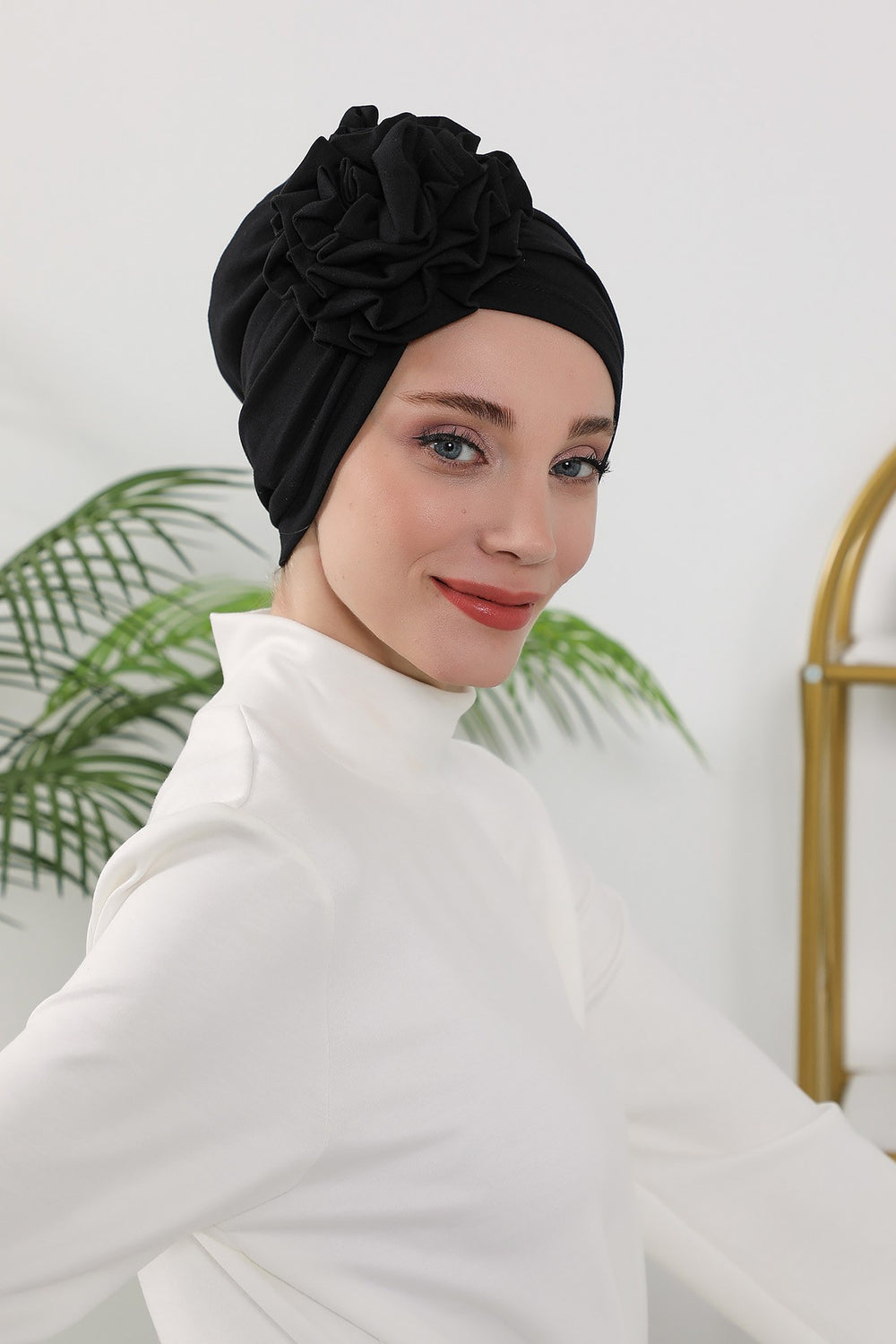 Floral Design Instant Turban Hijab for All Seasons, Ready to Wear Headscarf with Rose Accent, Soft Stretchy Fabric, Comfortable One Size Head Cover for Women,B-21O Black