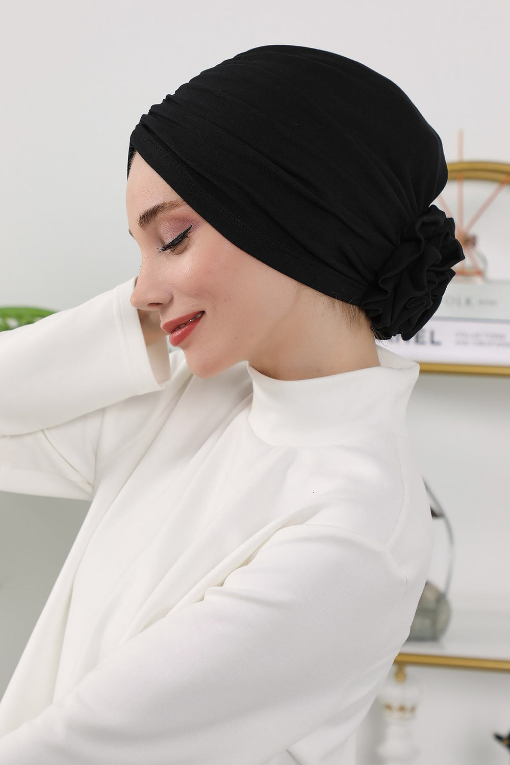 Floral Design Instant Turban Hijab for All Seasons, Ready to Wear Headscarf with Rose Accent, Soft Stretchy Fabric, Comfortable One Size Head Cover for Women,B-21O Black