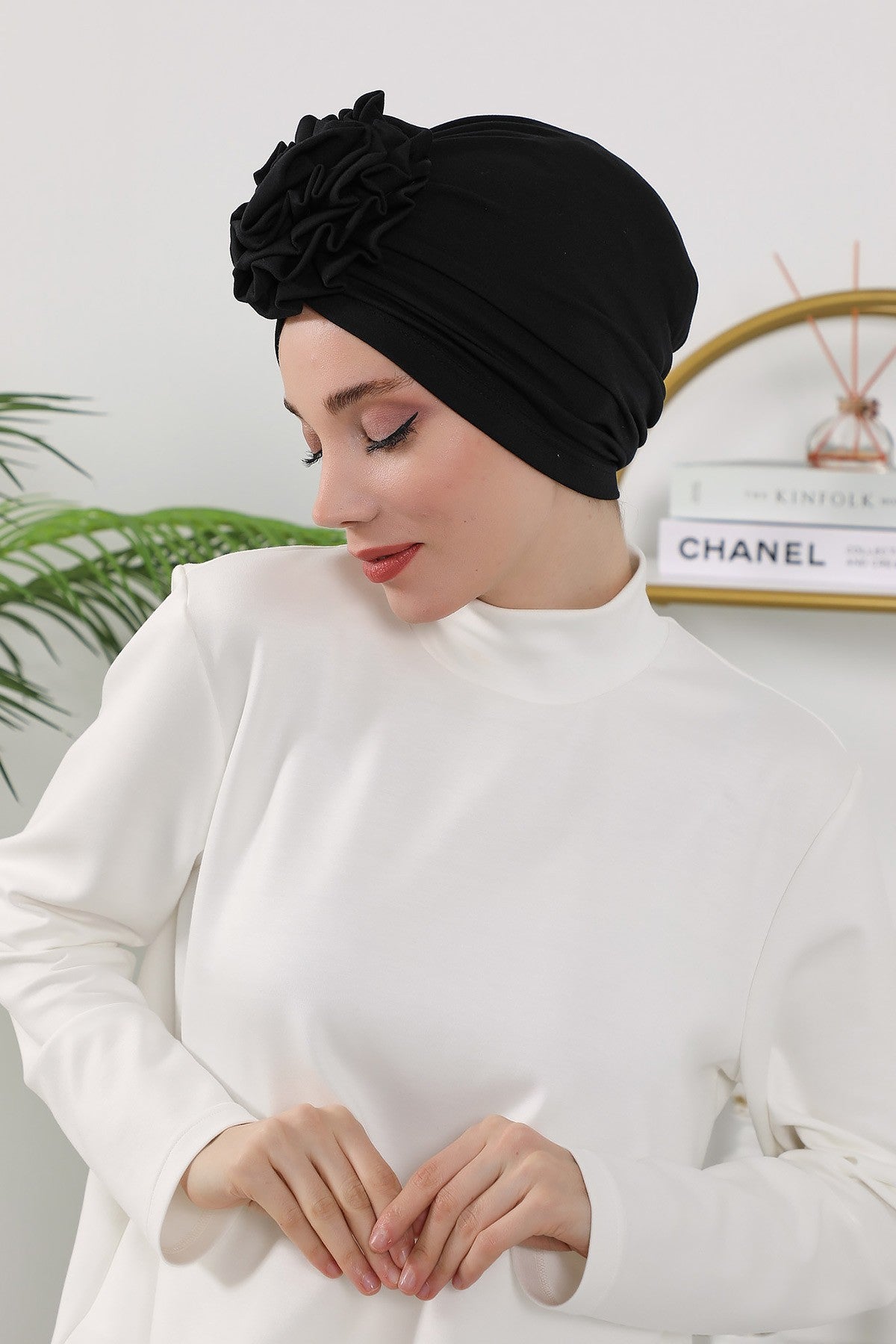 Floral Design Instant Turban Hijab for All Seasons, Ready to Wear Headscarf with Rose Accent, Soft Stretchy Fabric, Comfortable One Size Head Cover for Women,B-21O Black