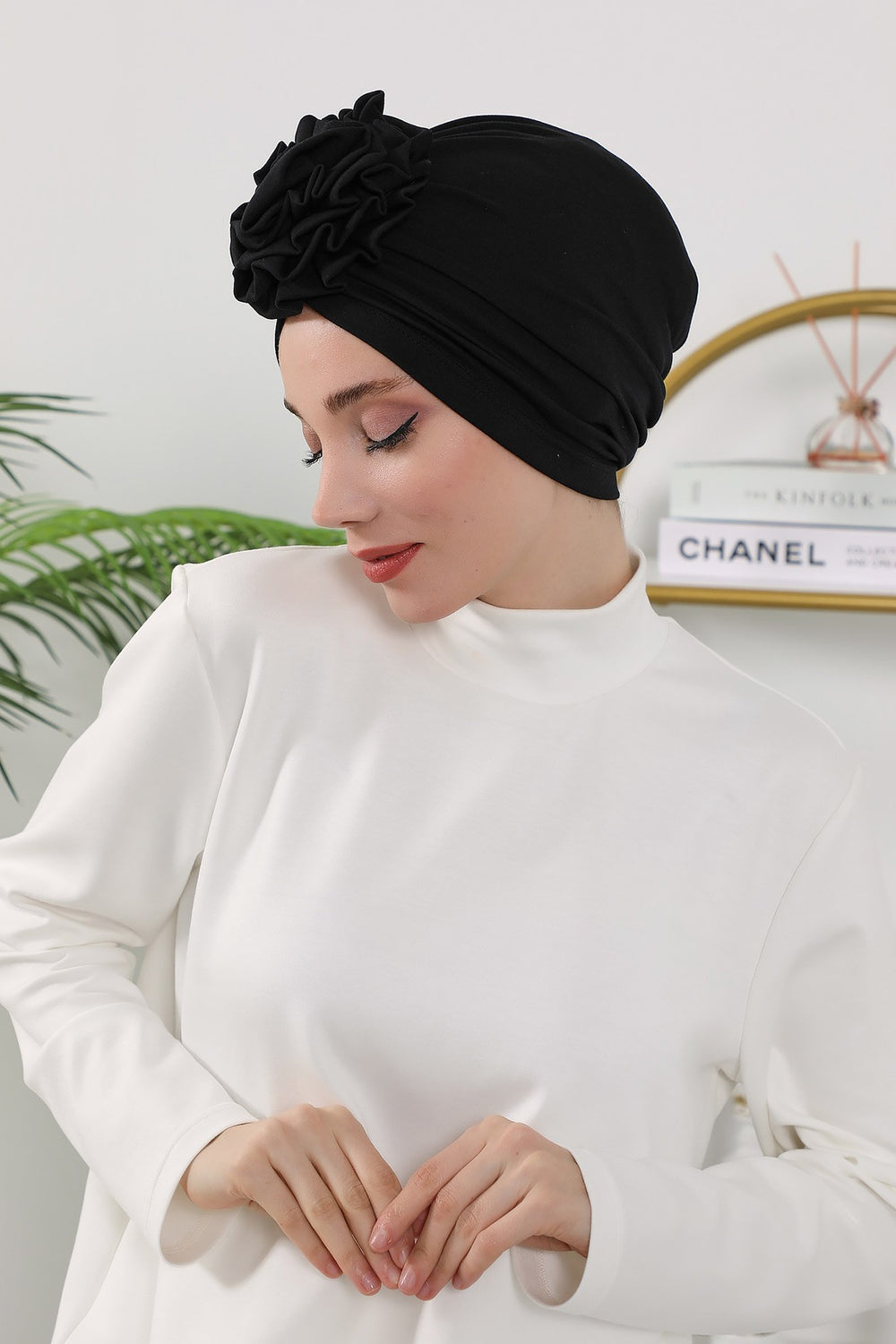 Floral Design Instant Turban Hijab for All Seasons, Ready to Wear Headscarf with Rose Accent, Soft Stretchy Fabric, Comfortable One Size Head Cover for Women,B-21O Black