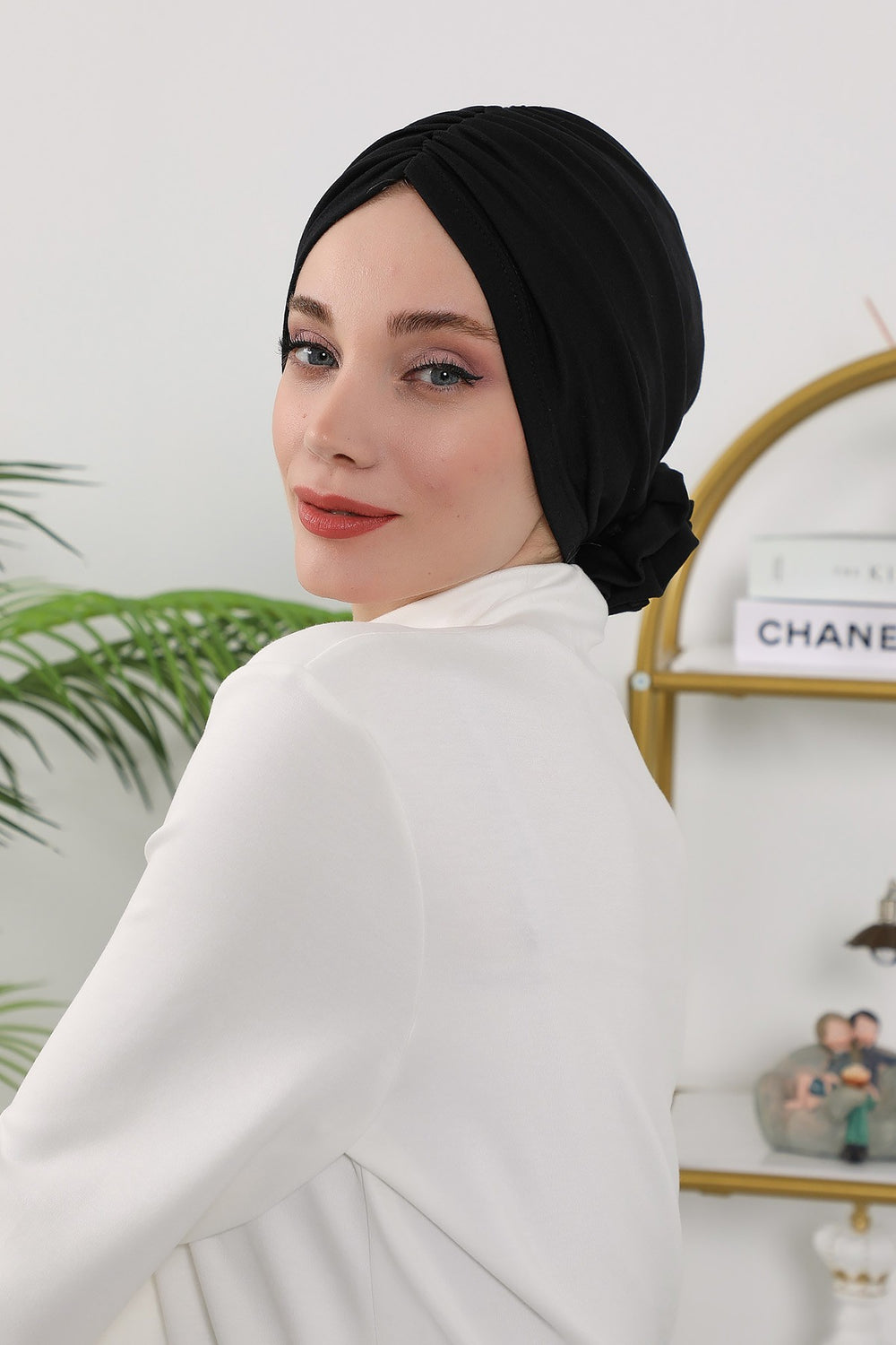 Floral Design Instant Turban Hijab for All Seasons, Ready to Wear Headscarf with Rose Accent, Soft Stretchy Fabric, Comfortable One Size Head Cover for Women,B-21O Black