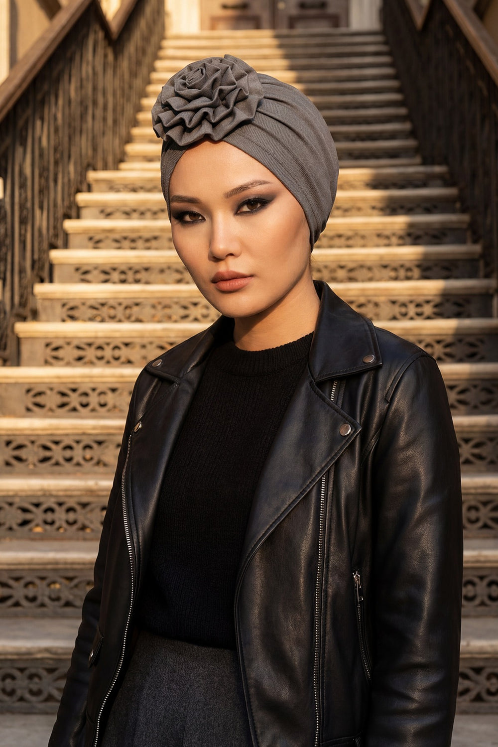 Floral Design Instant Turban Hijab for All Seasons, Ready to Wear Headscarf with Rose Accent, Soft Stretchy Fabric, Comfortable One Size Head Cover for Women,B-21O Anthracite