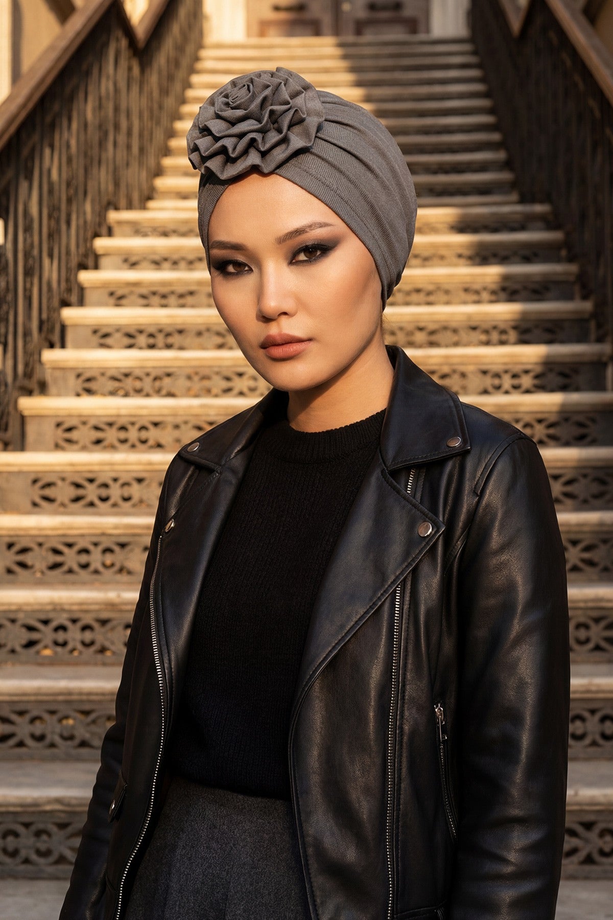 Floral Design Instant Turban Hijab for All Seasons, Ready to Wear Headscarf with Rose Accent, Soft Stretchy Fabric, Comfortable One Size Head Cover for Women,B-21O Anthracite