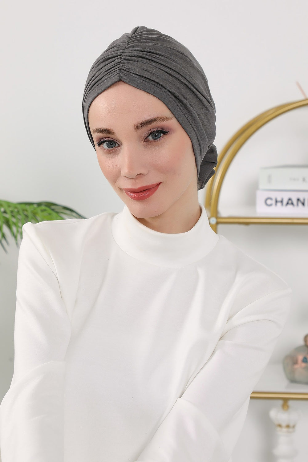 Floral Design Instant Turban Hijab for All Seasons, Ready to Wear Headscarf with Rose Accent, Soft Stretchy Fabric, Comfortable One Size Head Cover for Women,B-21O Anthracite