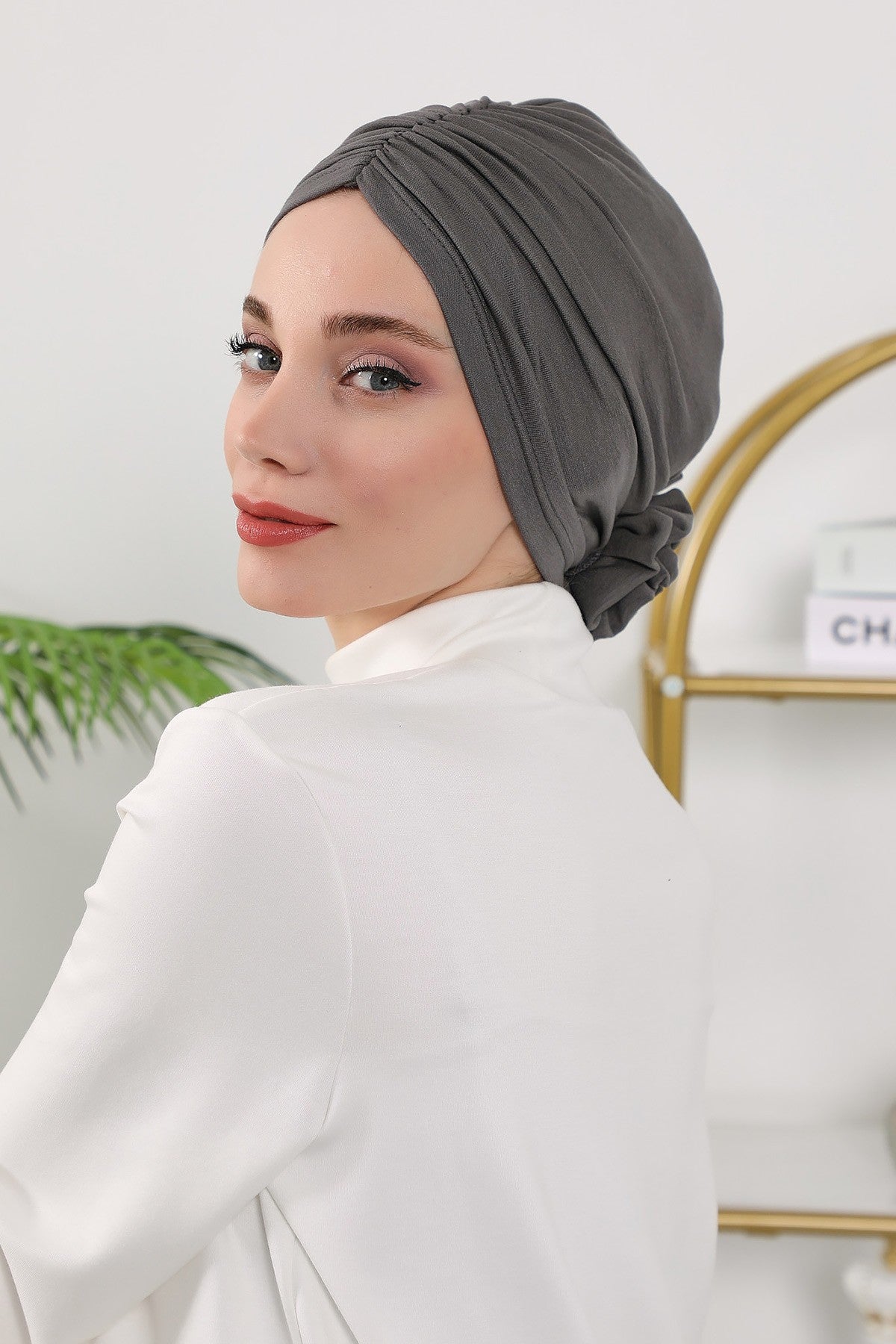 Floral Design Instant Turban Hijab for All Seasons, Ready to Wear Headscarf with Rose Accent, Soft Stretchy Fabric, Comfortable One Size Head Cover for Women,B-21O Anthracite