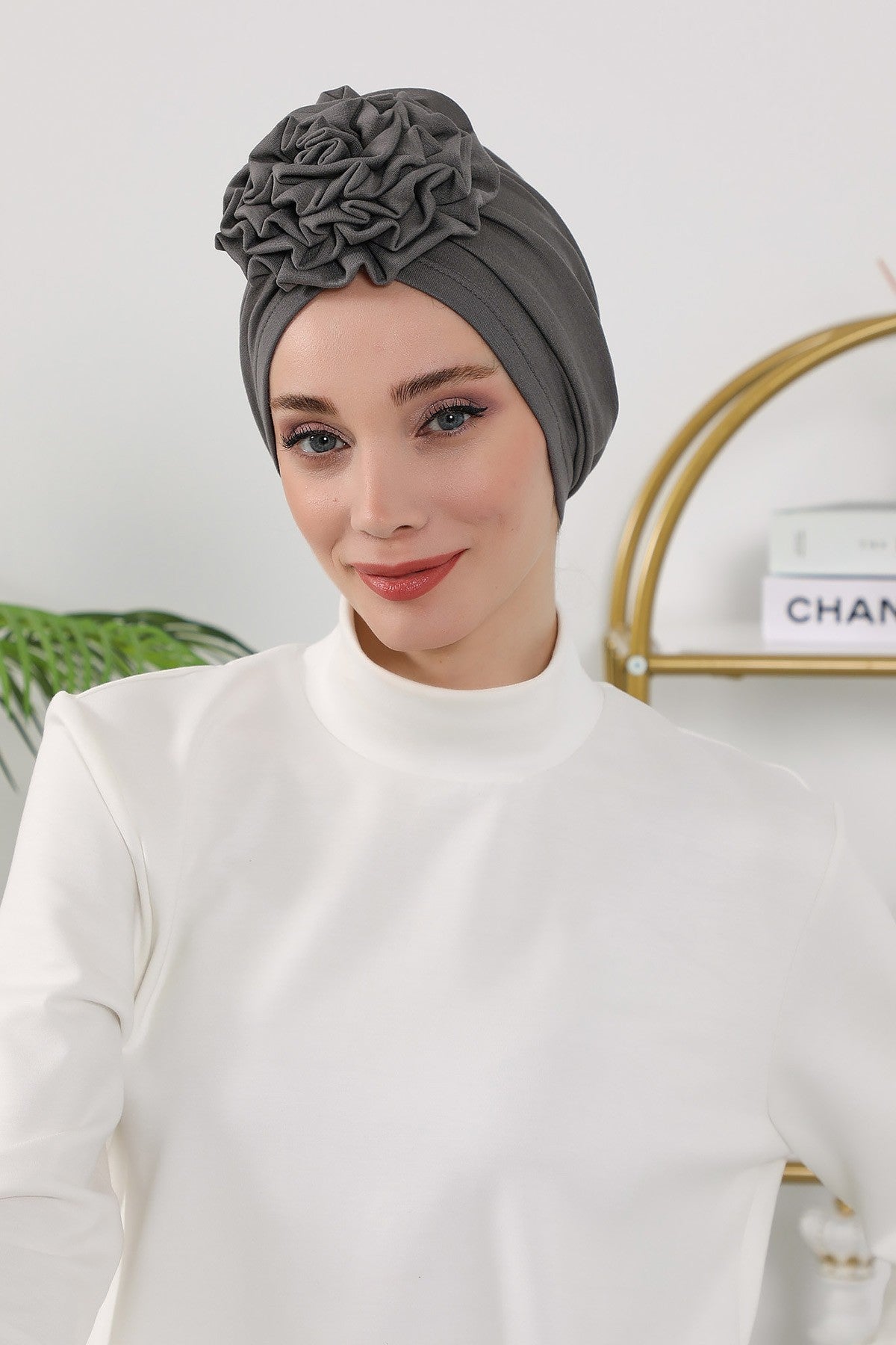 Floral Design Instant Turban Hijab for All Seasons, Ready to Wear Headscarf with Rose Accent, Soft Stretchy Fabric, Comfortable One Size Head Cover for Women,B-21O Anthracite
