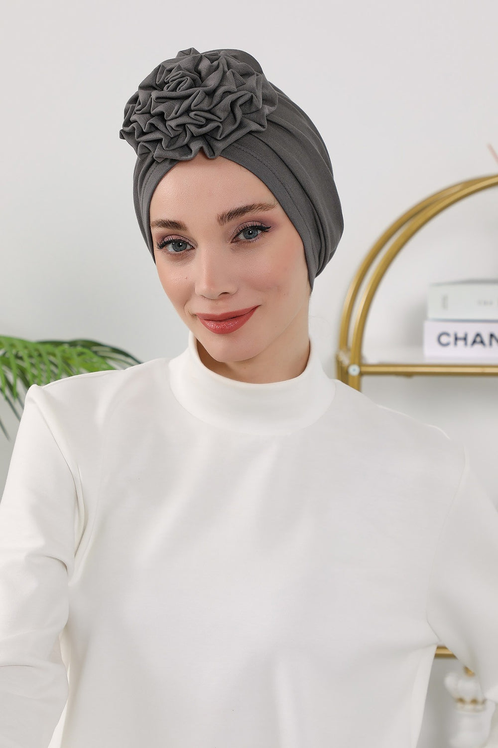 Floral Design Instant Turban Hijab for All Seasons, Ready to Wear Headscarf with Rose Accent, Soft Stretchy Fabric, Comfortable One Size Head Cover for Women,B-21O Anthracite