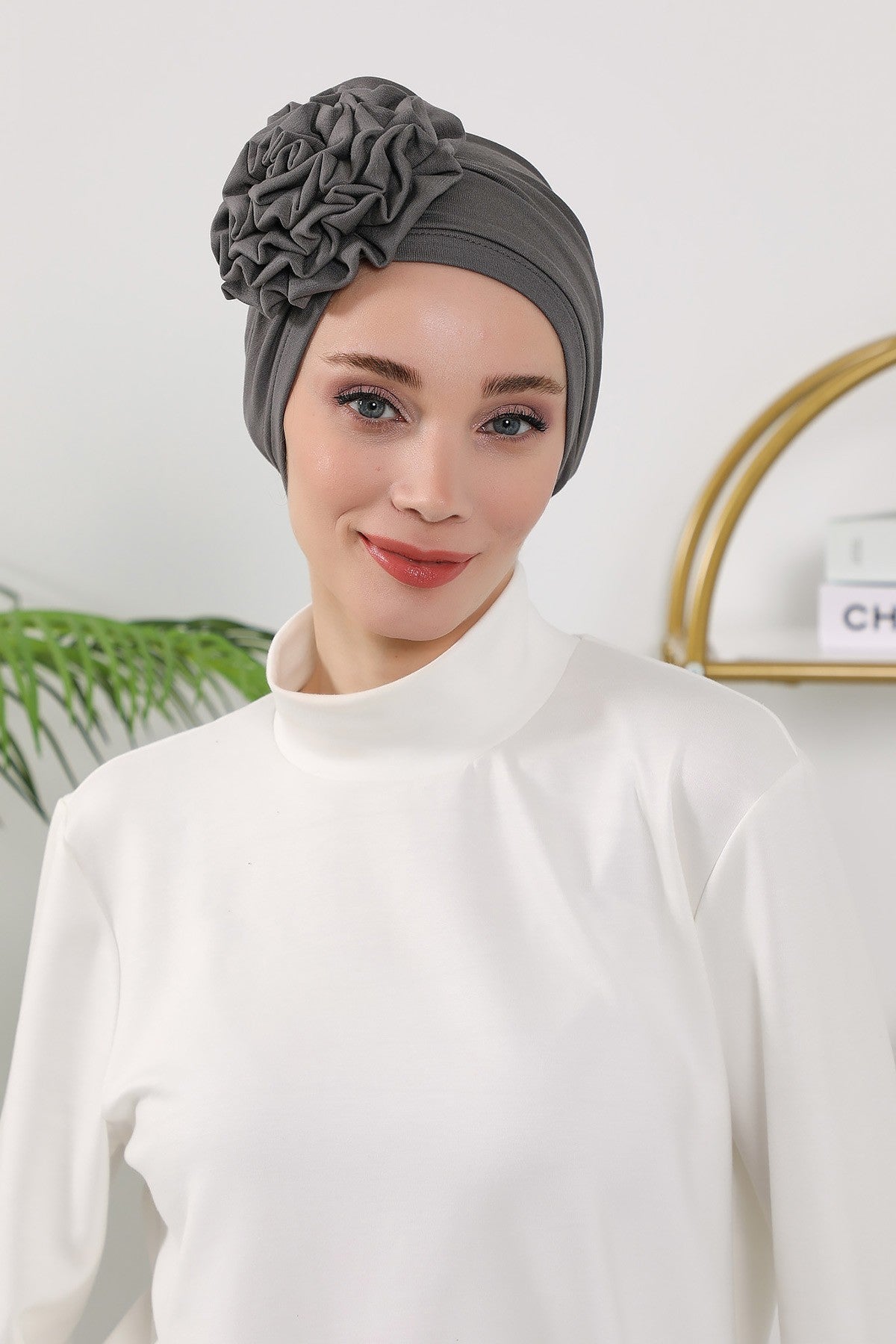 Floral Design Instant Turban Hijab for All Seasons, Ready to Wear Headscarf with Rose Accent, Soft Stretchy Fabric, Comfortable One Size Head Cover for Women,B-21O Anthracite