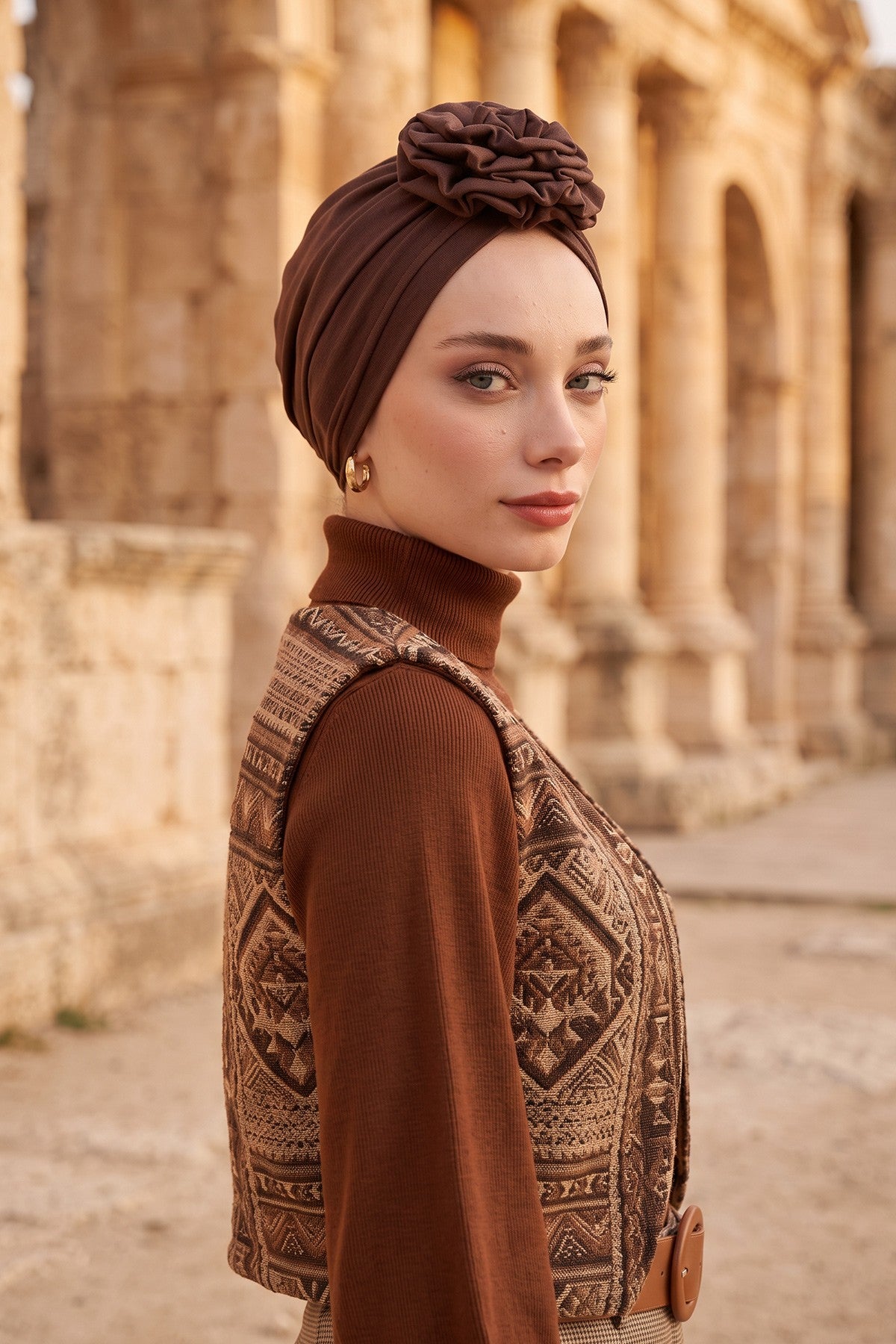 Floral Design Instant Turban Hijab for All Seasons, Ready to Wear Headscarf with Rose Accent, Soft Stretchy Fabric, Comfortable One Size Head Cover for Women,B-21O Brown