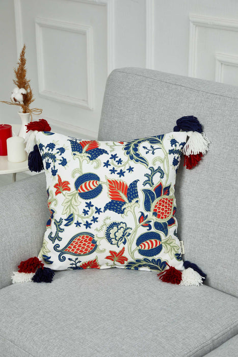 Floral Pillow Cover with Playful Corner Tassels, 18x18 Decorative Refreshing Coastal Botanical Cushion Cover for Chic Home Decor,K-365