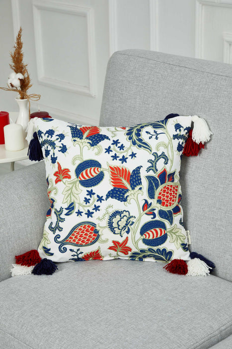 Floral Pillow Cover with Playful Corner Tassels, 18x18 Decorative Refreshing Coastal Botanical Cushion Cover for Chic Home Decor,K-365