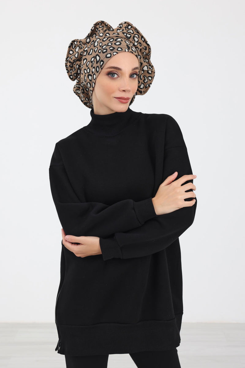 French-Style Winter Turban Headwrap, Houndstooth & Leopard Printed Women Winter Turban, Elegant French-Influenced Winter Headwrap,B-79