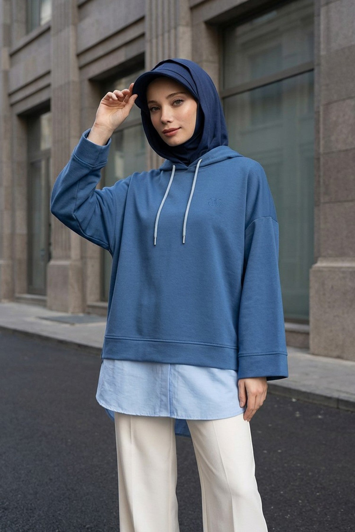 Full Coverage Bonnet Hijab with Visor, Ready to Wear Modest Visor Underscarf Bonnet with Neck Cover for All Seasons,B-88O Navy Blue