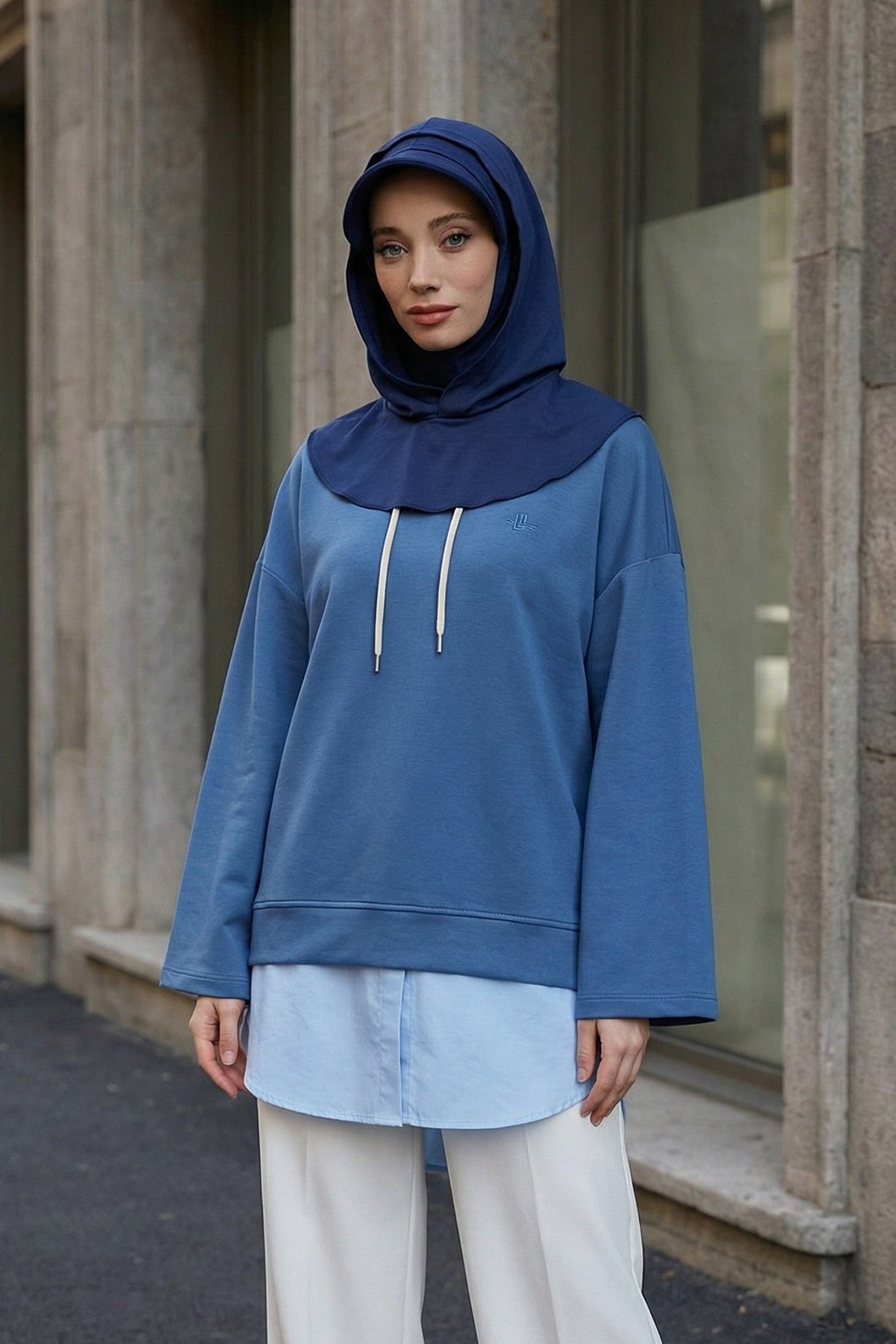 Full Coverage Bonnet Hijab with Visor, Ready to Wear Modest Visor Underscarf Bonnet with Neck Cover for All Seasons,B-88O Navy Blue