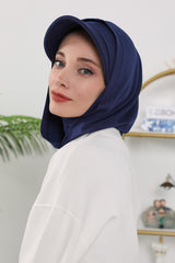Full Coverage Bonnet Hijab with Visor, Ready to Wear Modest Visor Underscarf Bonnet with Neck Cover for All Seasons,B-88O Navy Blue