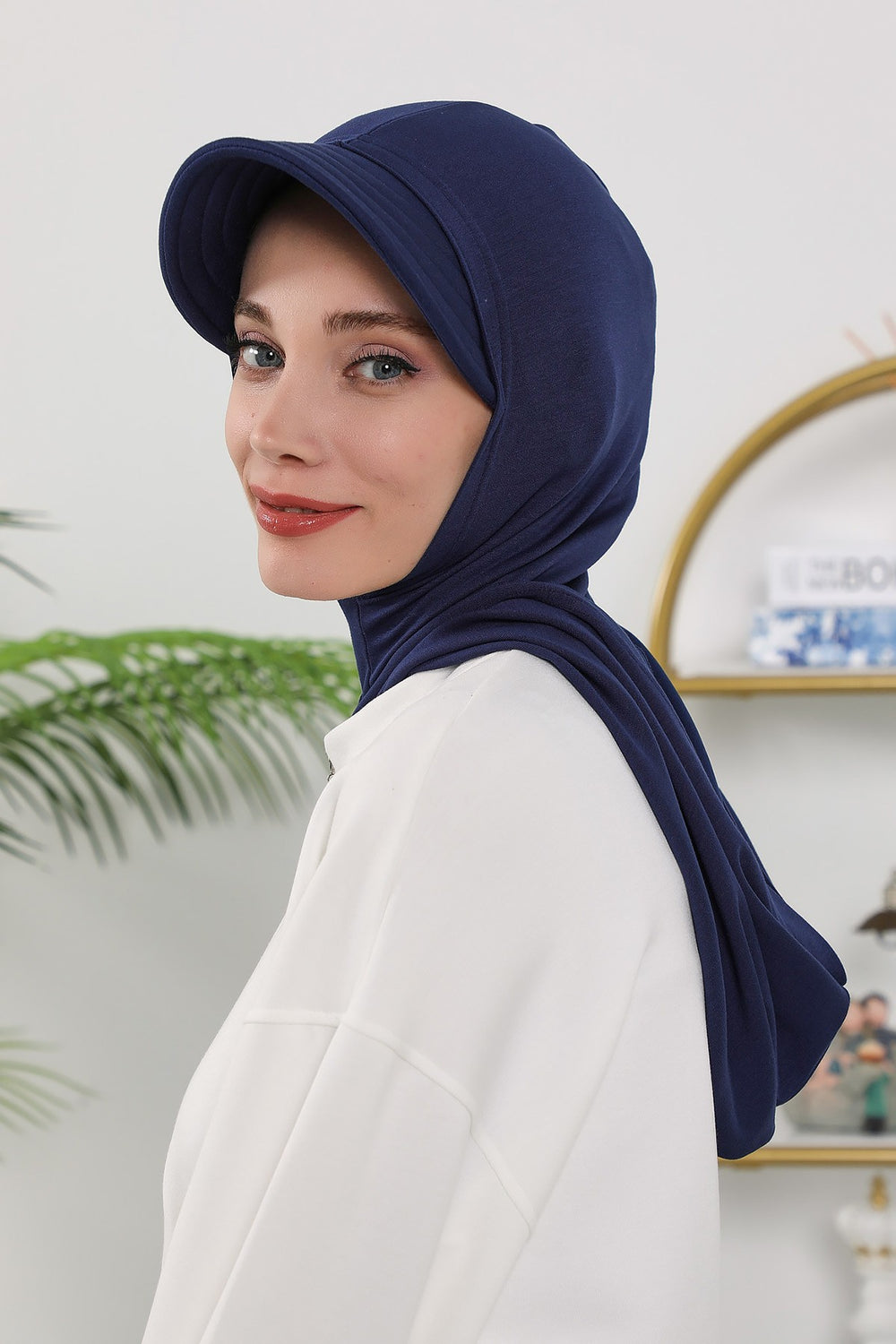 Full Coverage Bonnet Hijab with Visor, Ready to Wear Modest Visor Underscarf Bonnet with Neck Cover for All Seasons,B-88O Navy Blue