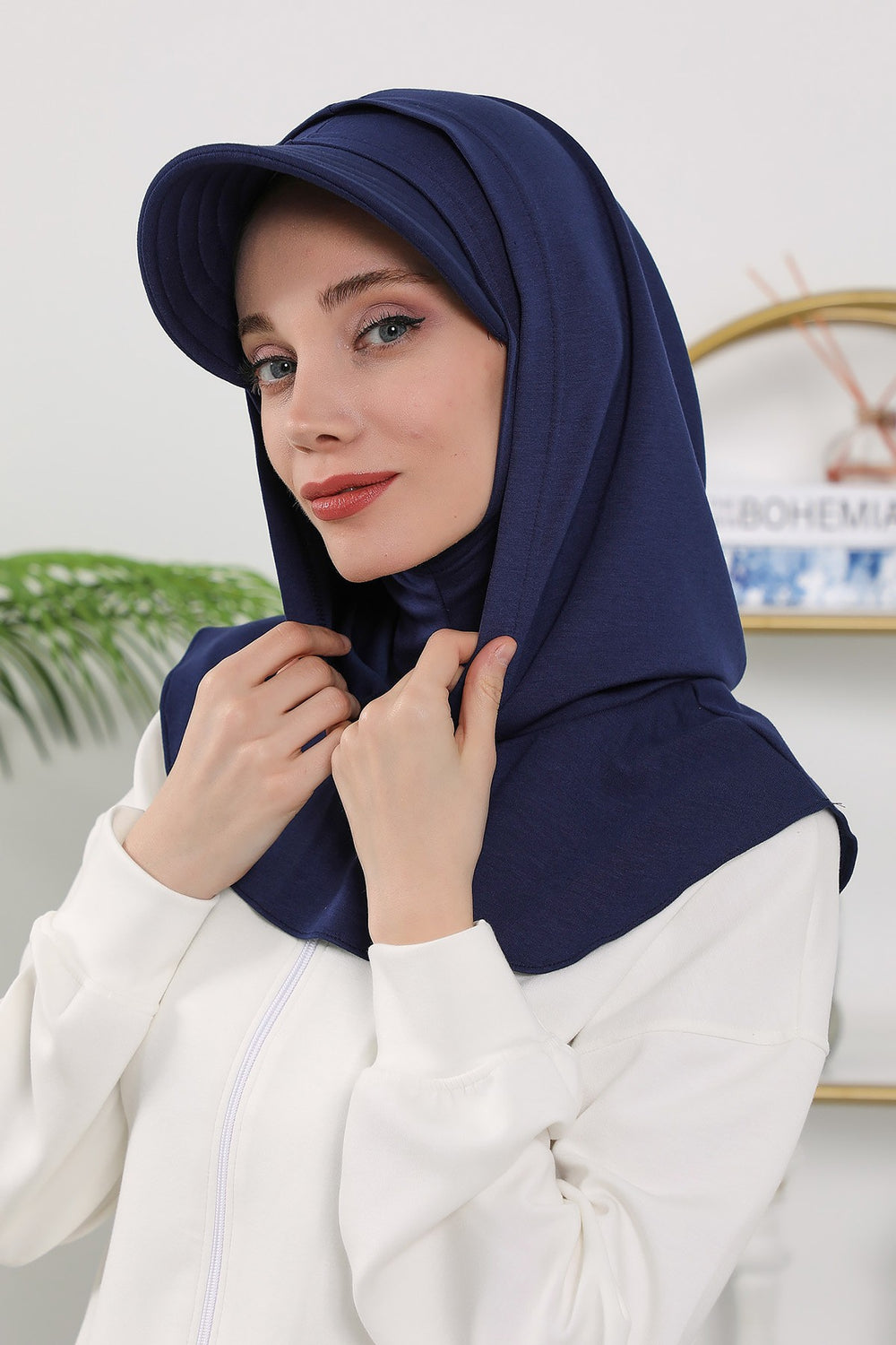 Full Coverage Bonnet Hijab with Visor, Ready to Wear Modest Visor Underscarf Bonnet with Neck Cover for All Seasons,B-88O Navy Blue