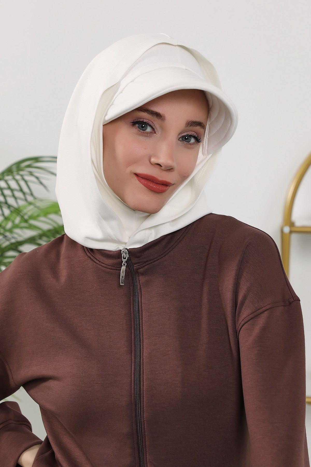 Full Coverage Bonnet Hijab with Visor, Ready to Wear Modest Visor Underscarf Bonnet with Neck Cover for All Seasons,B-88O Ecru