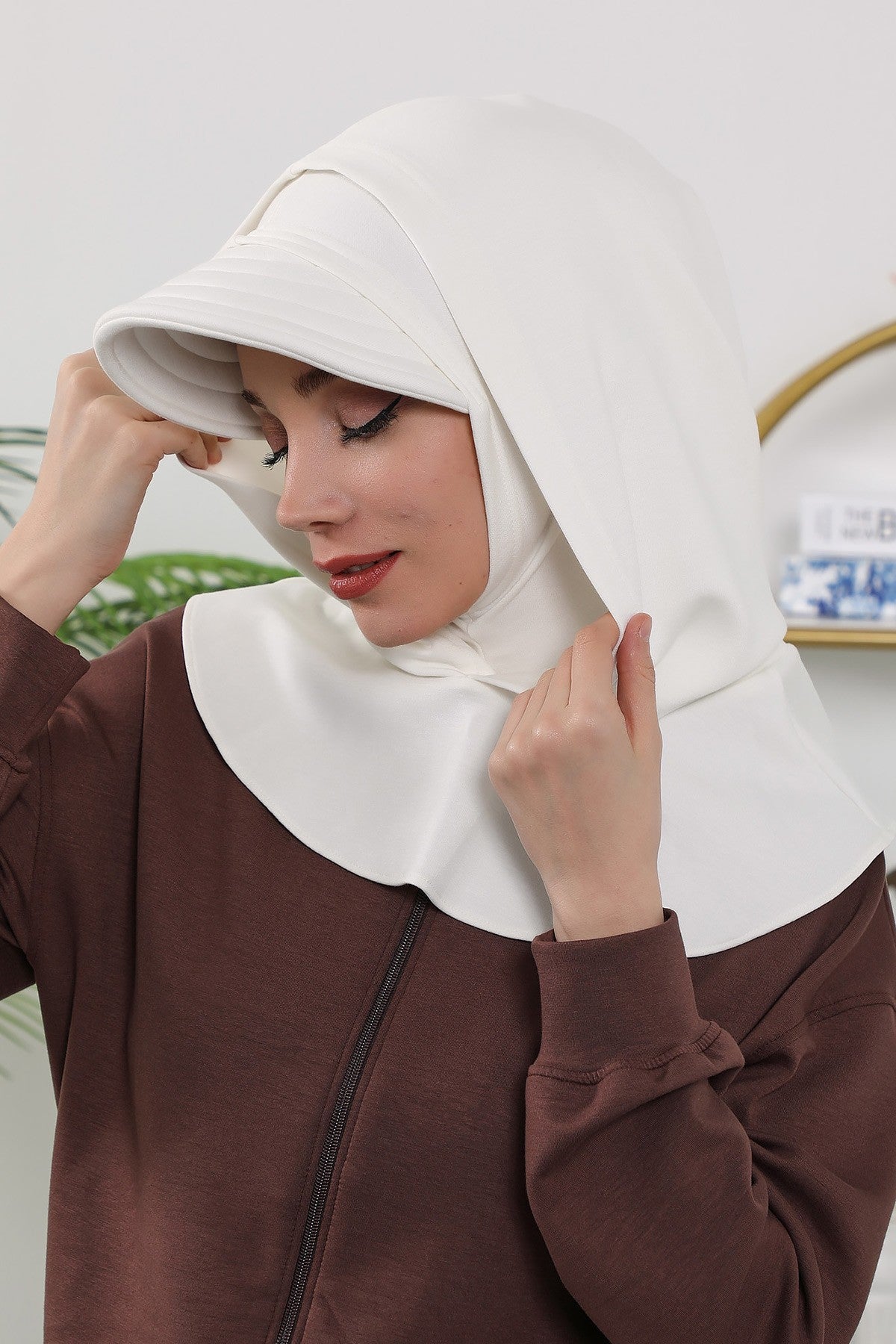 Full Coverage Bonnet Hijab with Visor, Ready to Wear Modest Visor Underscarf Bonnet with Neck Cover for All Seasons,B-88O Ecru