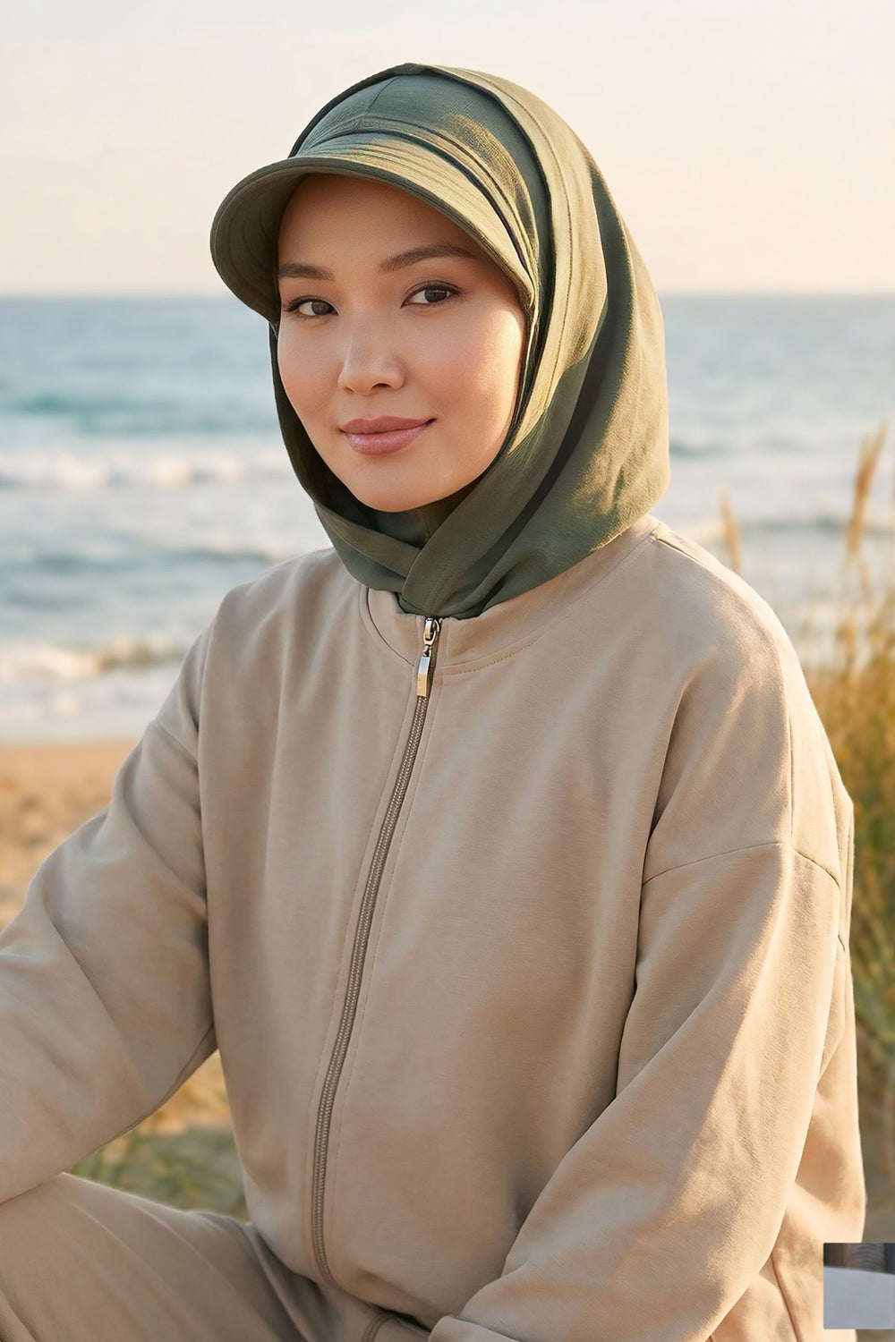 Full Coverage Bonnet Hijab with Visor, Ready to Wear Modest Visor Underscarf Bonnet with Neck Cover for All Seasons,B-88O Army Green