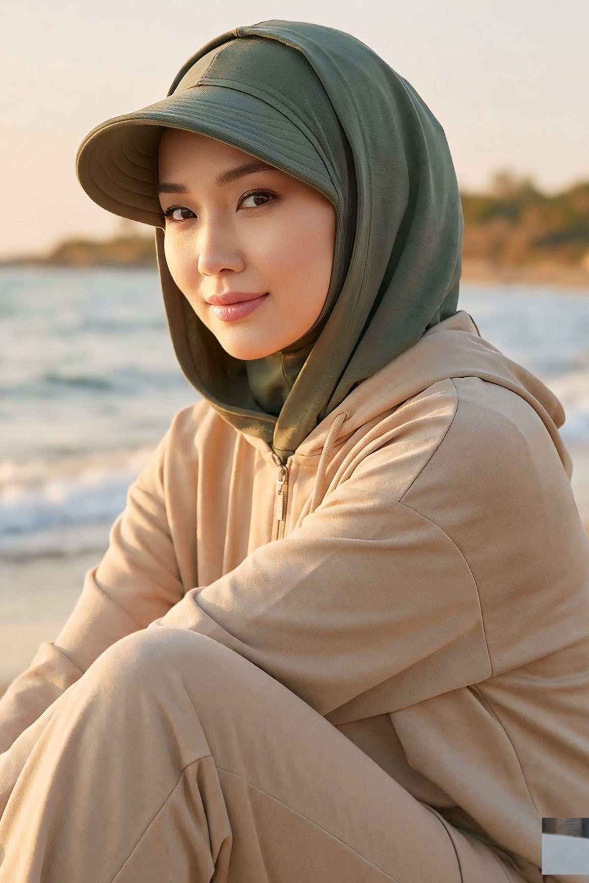 Full Coverage Bonnet Hijab with Visor, Ready to Wear Modest Visor Underscarf Bonnet with Neck Cover for All Seasons,B-88O Army Green