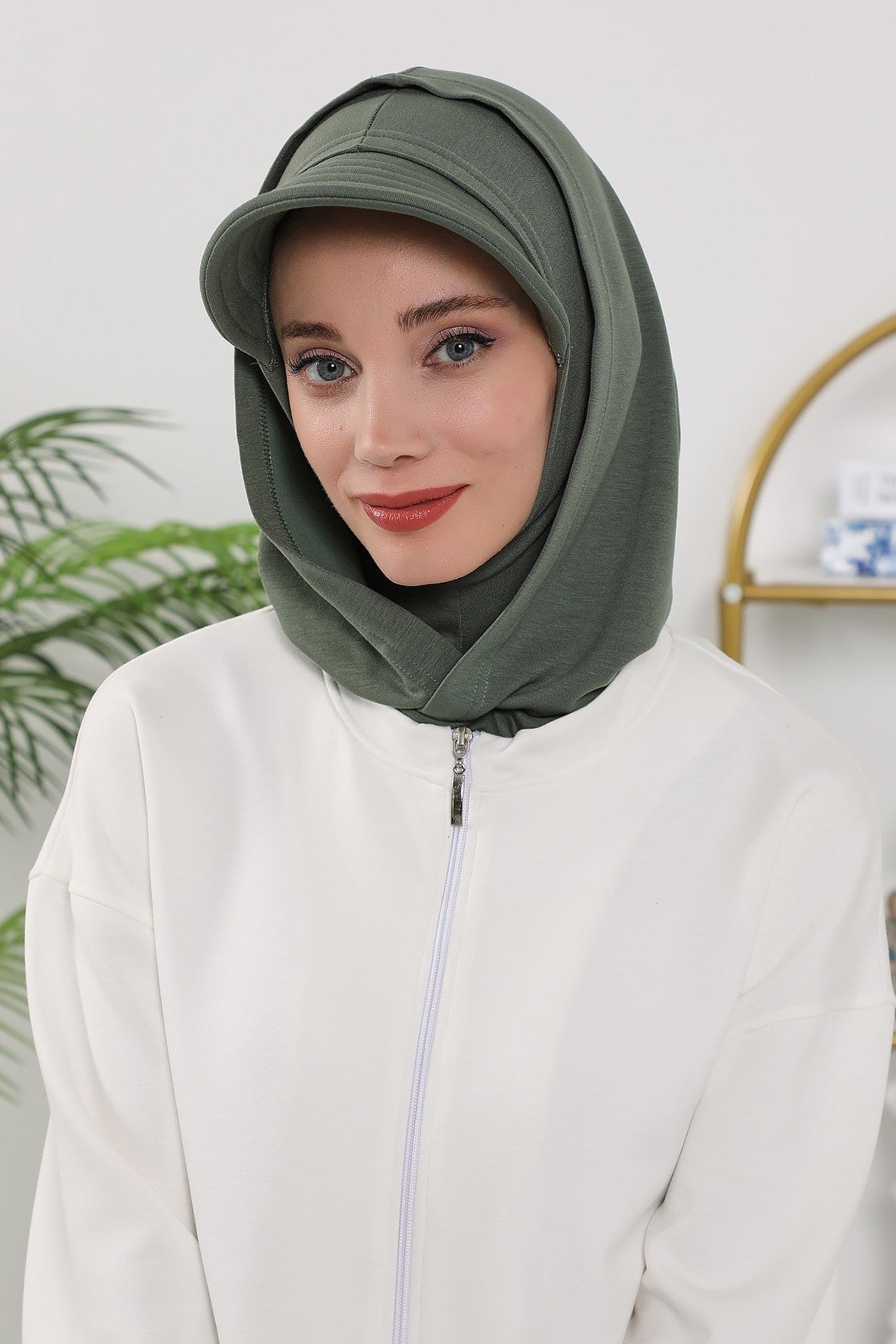 Full Coverage Bonnet Hijab with Visor, Ready to Wear Modest Visor Underscarf Bonnet with Neck Cover for All Seasons,B-88O Army Green