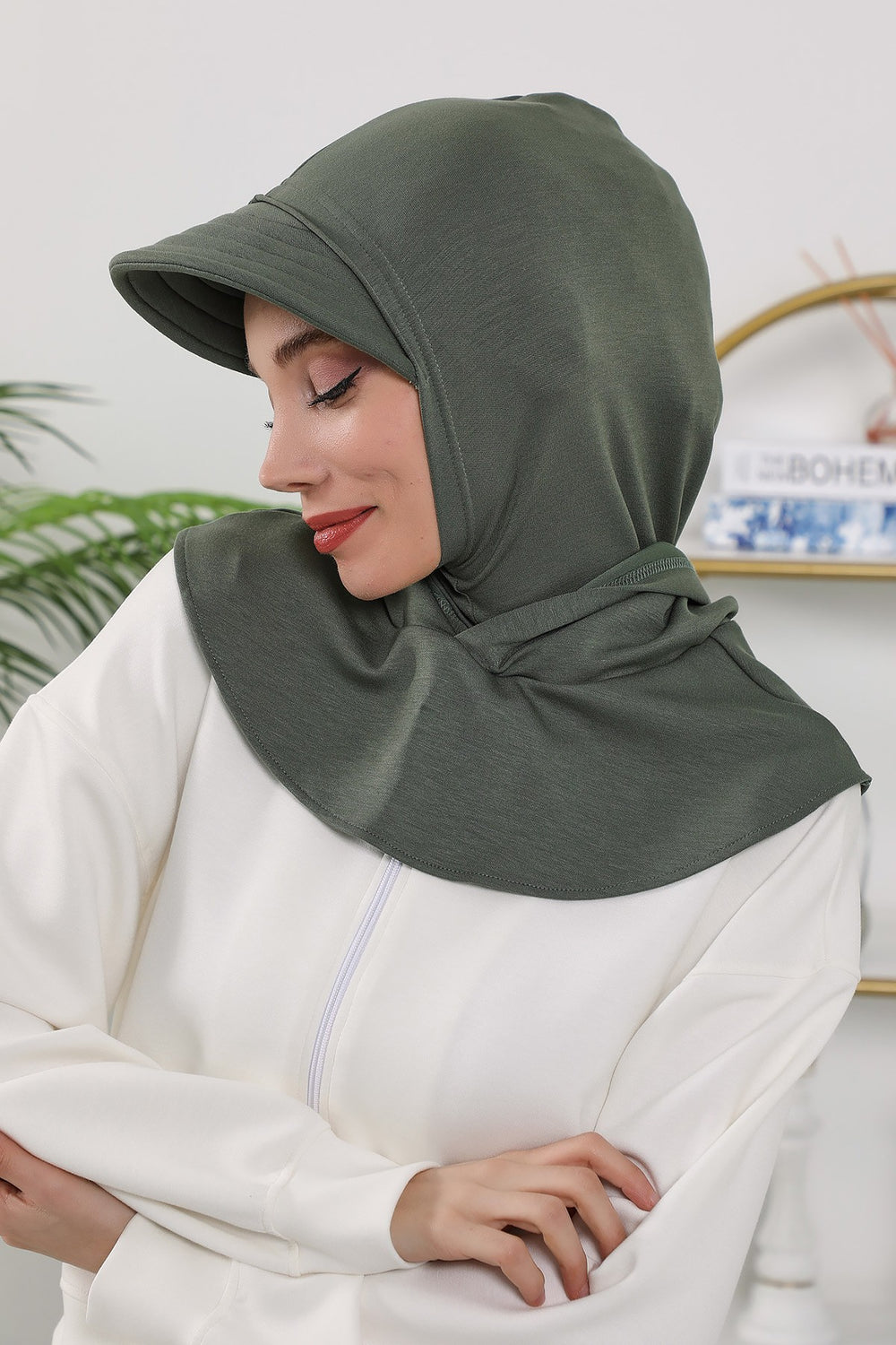 Full Coverage Bonnet Hijab with Visor, Ready to Wear Modest Visor Underscarf Bonnet with Neck Cover for All Seasons,B-88O Army Green