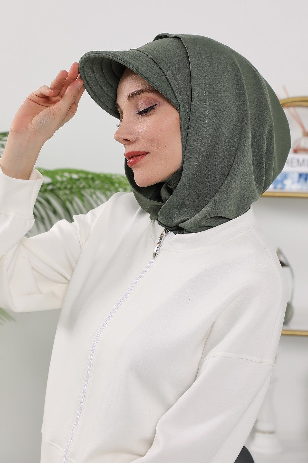 Full Coverage Bonnet Hijab with Visor, Ready to Wear Modest Visor Underscarf Bonnet with Neck Cover for All Seasons,B-88O Army Green