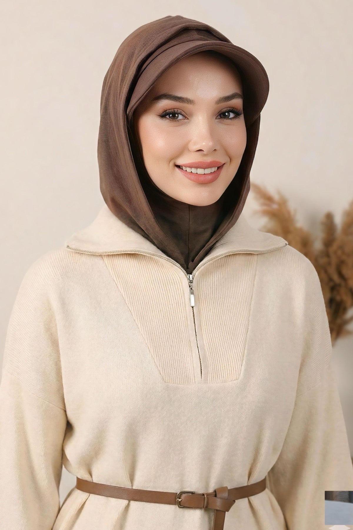 Full Coverage Bonnet Hijab with Visor, Ready to Wear Modest Visor Underscarf Bonnet with Neck Cover for All Seasons,B-88O Brown