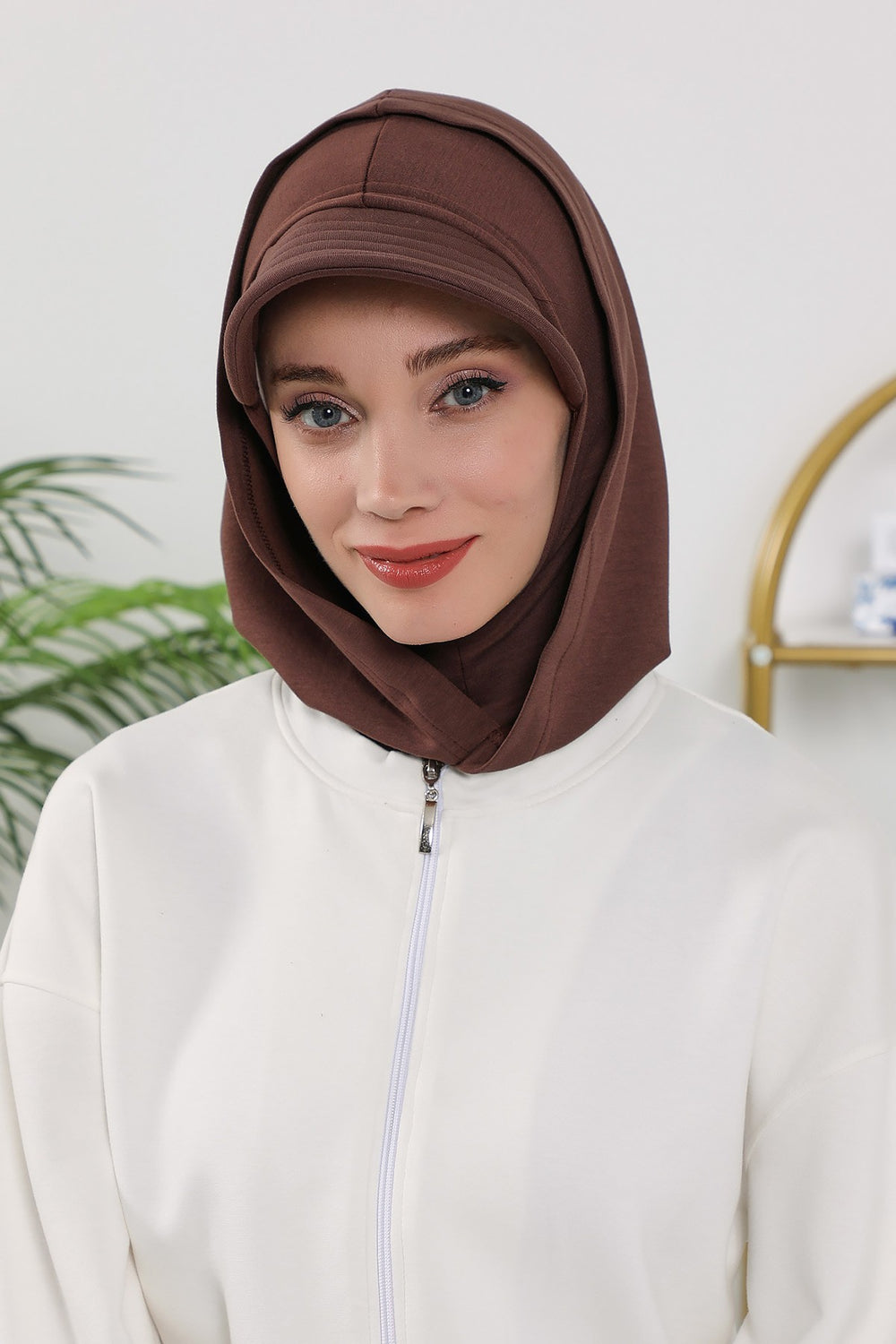 Full Coverage Bonnet Hijab with Visor, Ready to Wear Modest Visor Underscarf Bonnet with Neck Cover for All Seasons,B-88O Brown