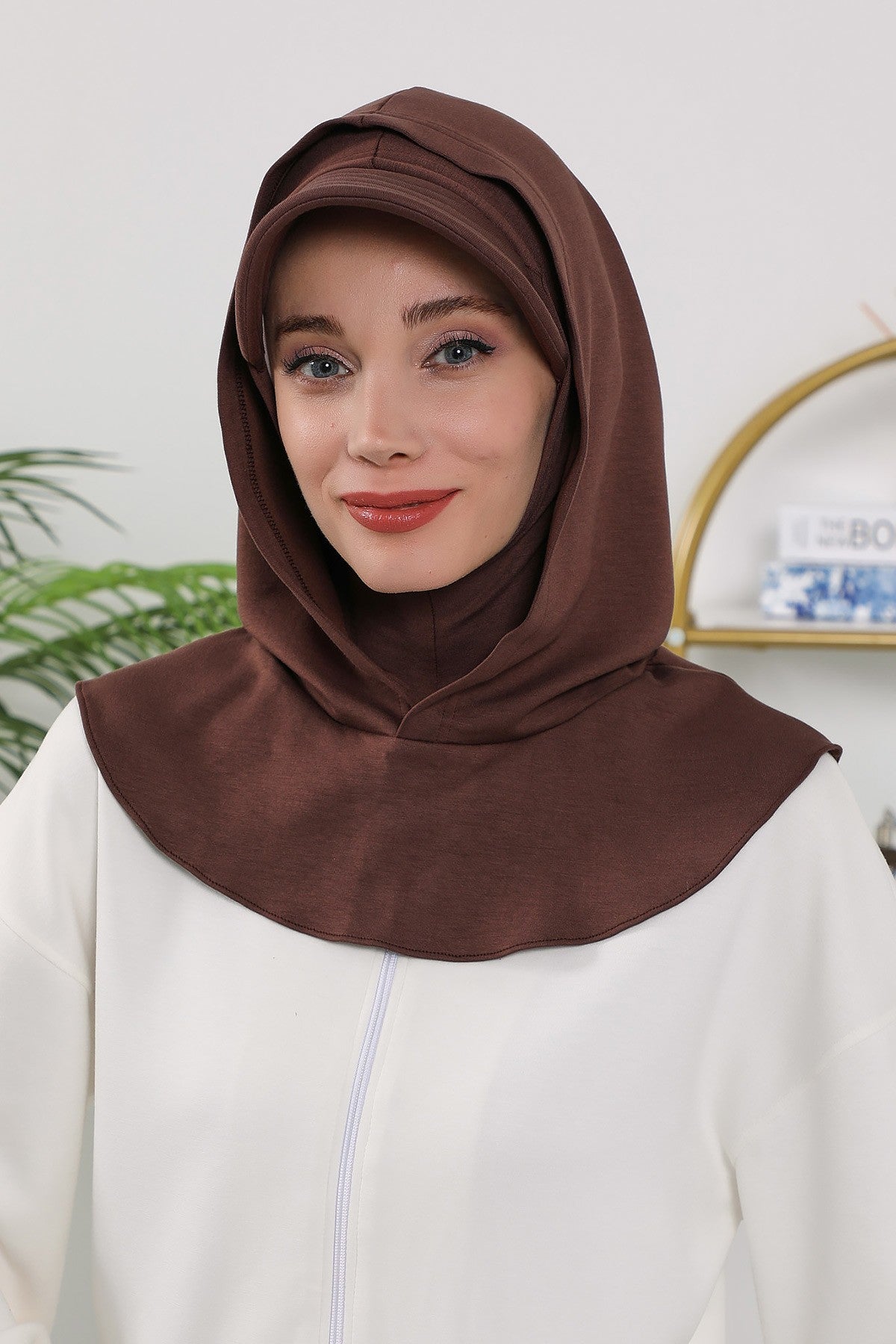Full Coverage Bonnet Hijab with Visor, Ready to Wear Modest Visor Underscarf Bonnet with Neck Cover for All Seasons,B-88O Brown