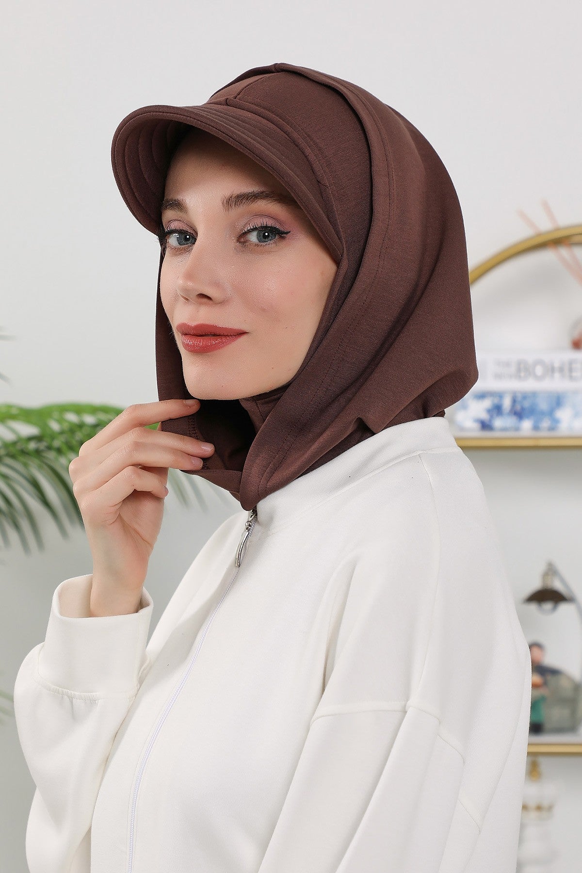 Full Coverage Bonnet Hijab with Visor, Ready to Wear Modest Visor Underscarf Bonnet with Neck Cover for All Seasons,B-88O Brown