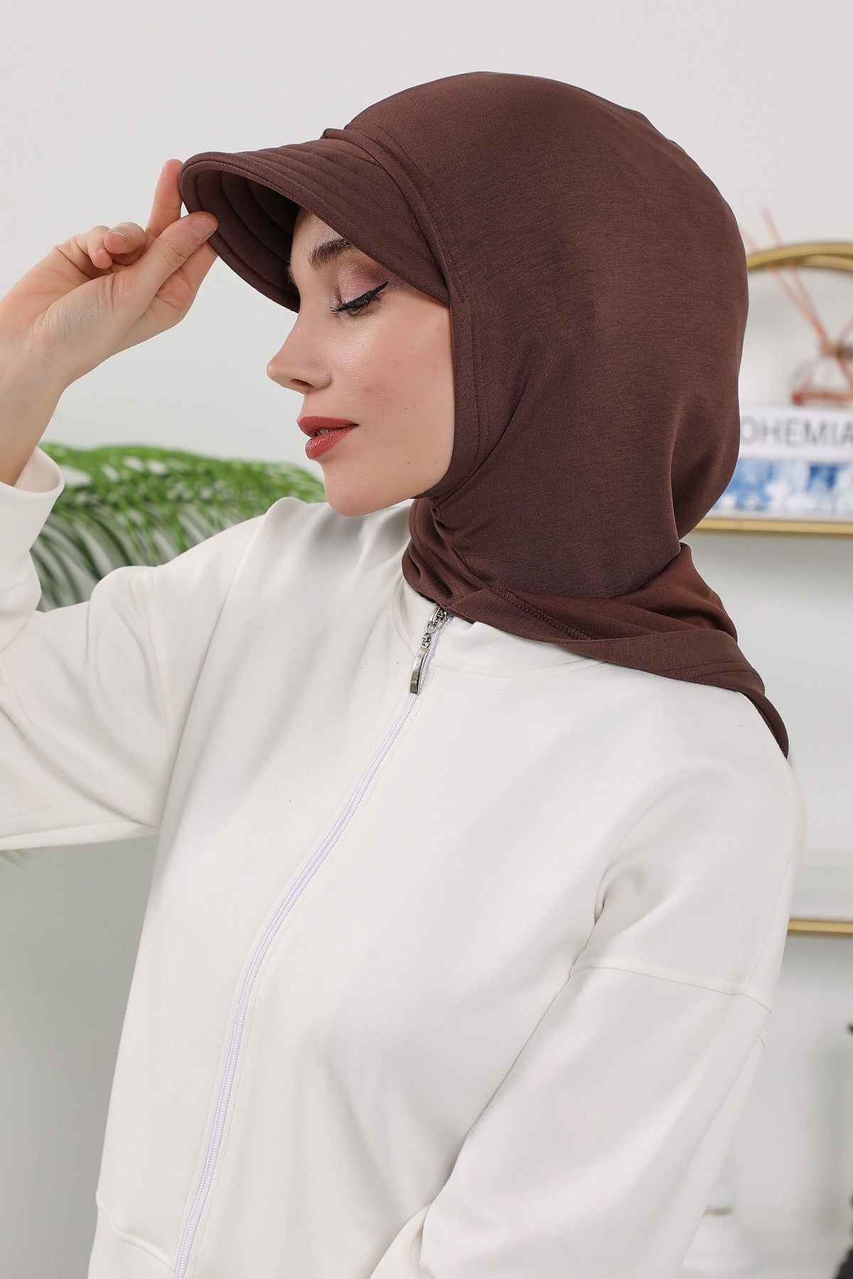 Full Coverage Bonnet Hijab with Visor, Ready to Wear Modest Visor Underscarf Bonnet with Neck Cover for All Seasons,B-88O Brown