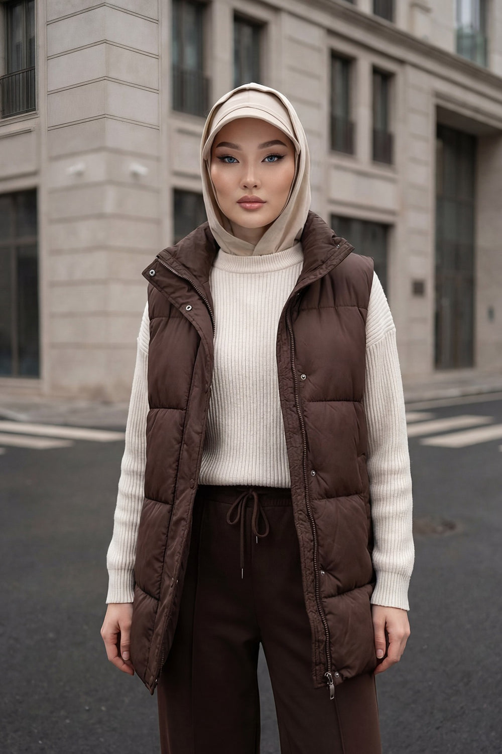 Full Coverage Bonnet Hijab with Visor, Ready to Wear Modest Visor Underscarf Bonnet with Neck Cover for All Seasons,B-88O Beige