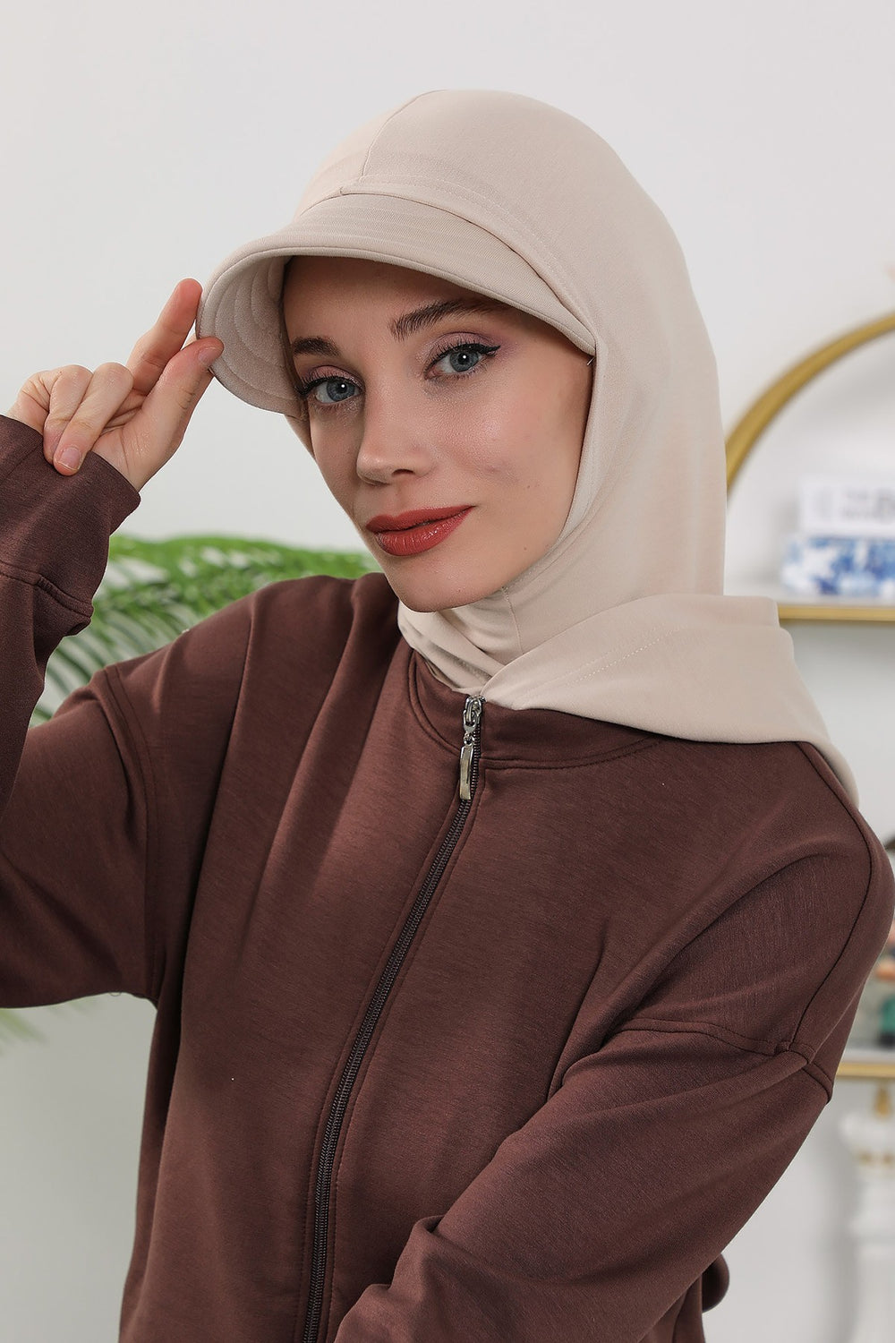 Full Coverage Bonnet Hijab with Visor, Ready to Wear Modest Visor Underscarf Bonnet with Neck Cover for All Seasons,B-88O Beige