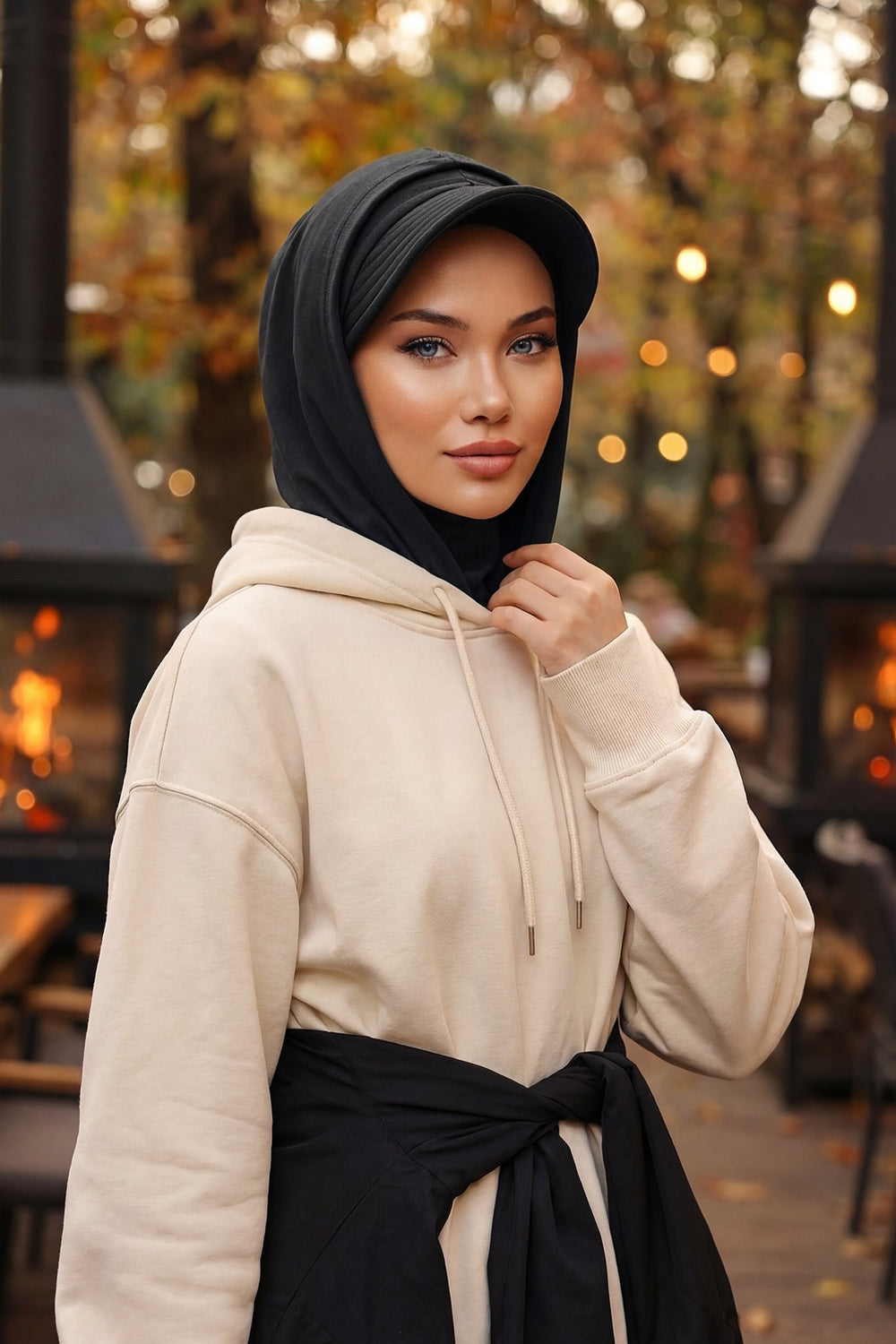 Full Coverage Bonnet Hijab with Visor, Ready to Wear Modest Visor Underscarf Bonnet with Neck Cover for All Seasons,B-88O Black