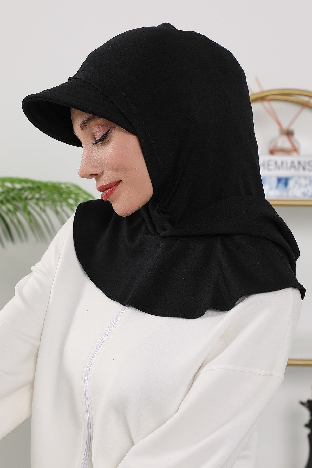 Full Coverage Bonnet Hijab with Visor, Ready to Wear Modest Visor Underscarf Bonnet with Neck Cover for All Seasons,B-88O Black