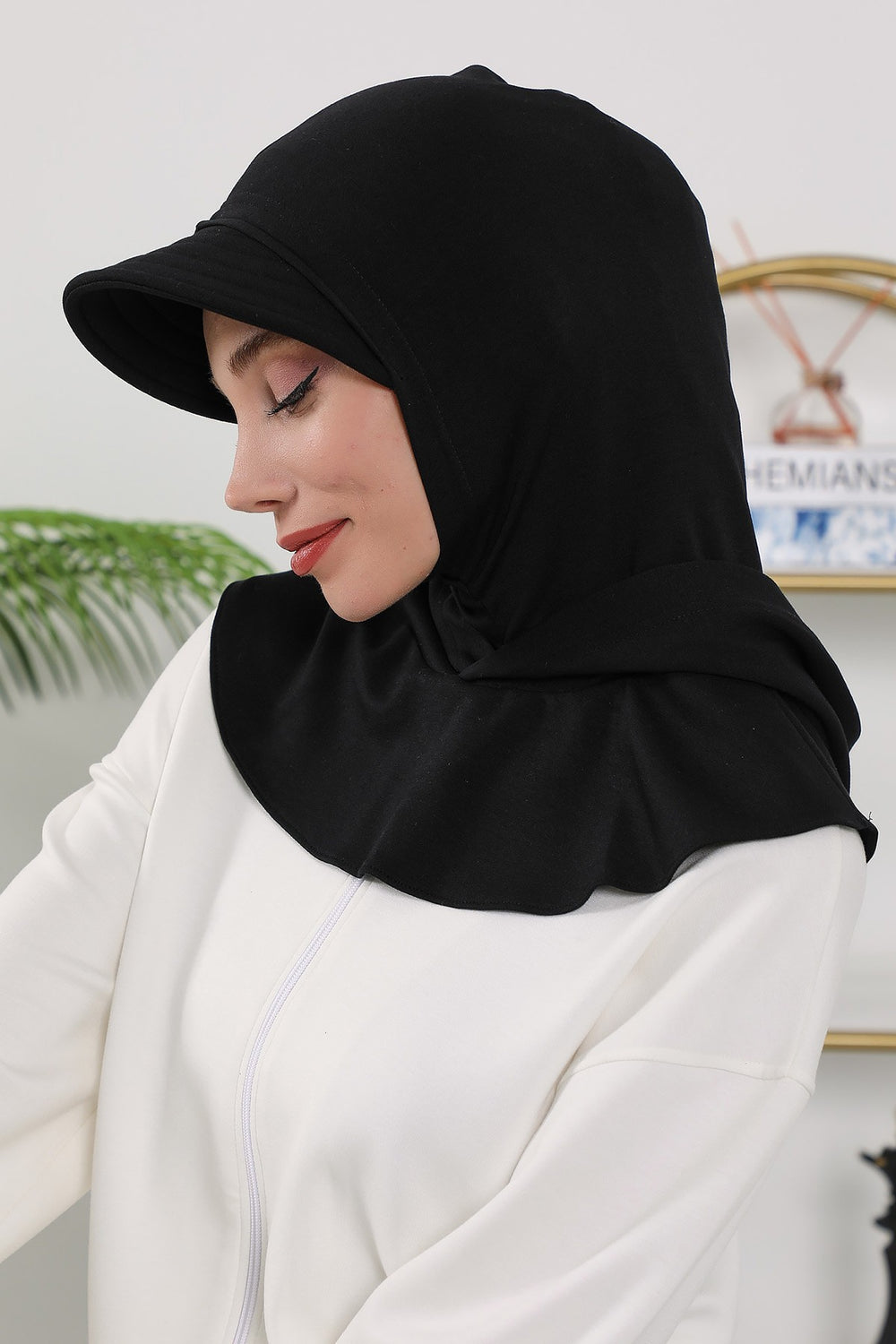 Full Coverage Bonnet Hijab with Visor, Ready to Wear Modest Visor Underscarf Bonnet with Neck Cover for All Seasons,B-88O Black