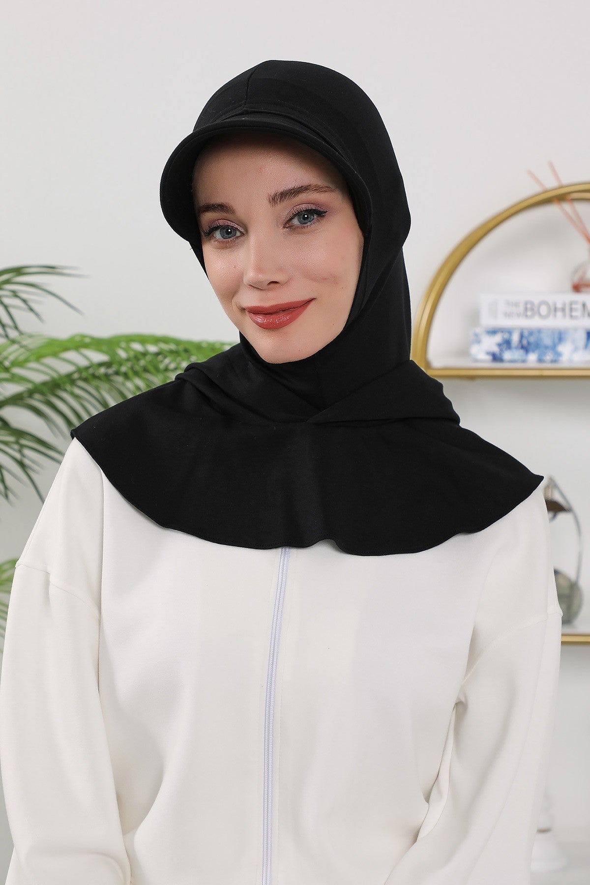 Full Coverage Bonnet Hijab with Visor, Ready to Wear Modest Visor Underscarf Bonnet with Neck Cover for All Seasons,B-88O Black