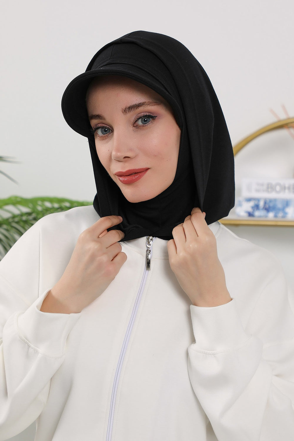 Full Coverage Bonnet Hijab with Visor, Ready to Wear Modest Visor Underscarf Bonnet with Neck Cover for All Seasons,B-88O Black