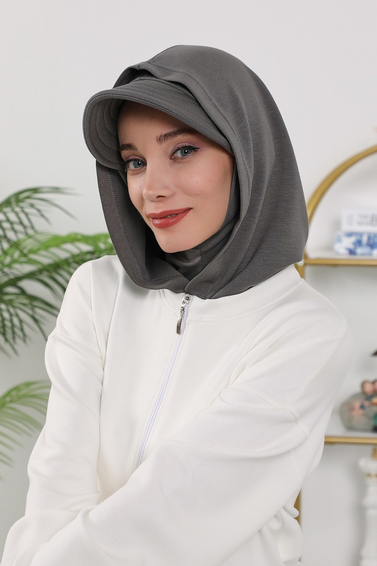 Full Coverage Bonnet Hijab with Visor, Ready to Wear Modest Visor Underscarf Bonnet with Neck Cover for All Seasons,B-88O Anthracite