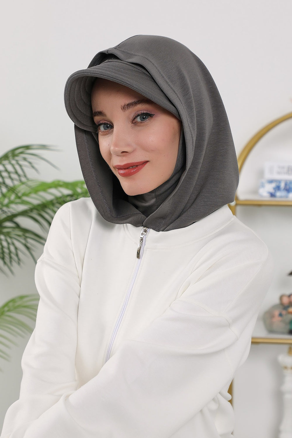 Full Coverage Bonnet Hijab with Visor, Ready to Wear Modest Visor Underscarf Bonnet with Neck Cover for All Seasons,B-88O Anthracite