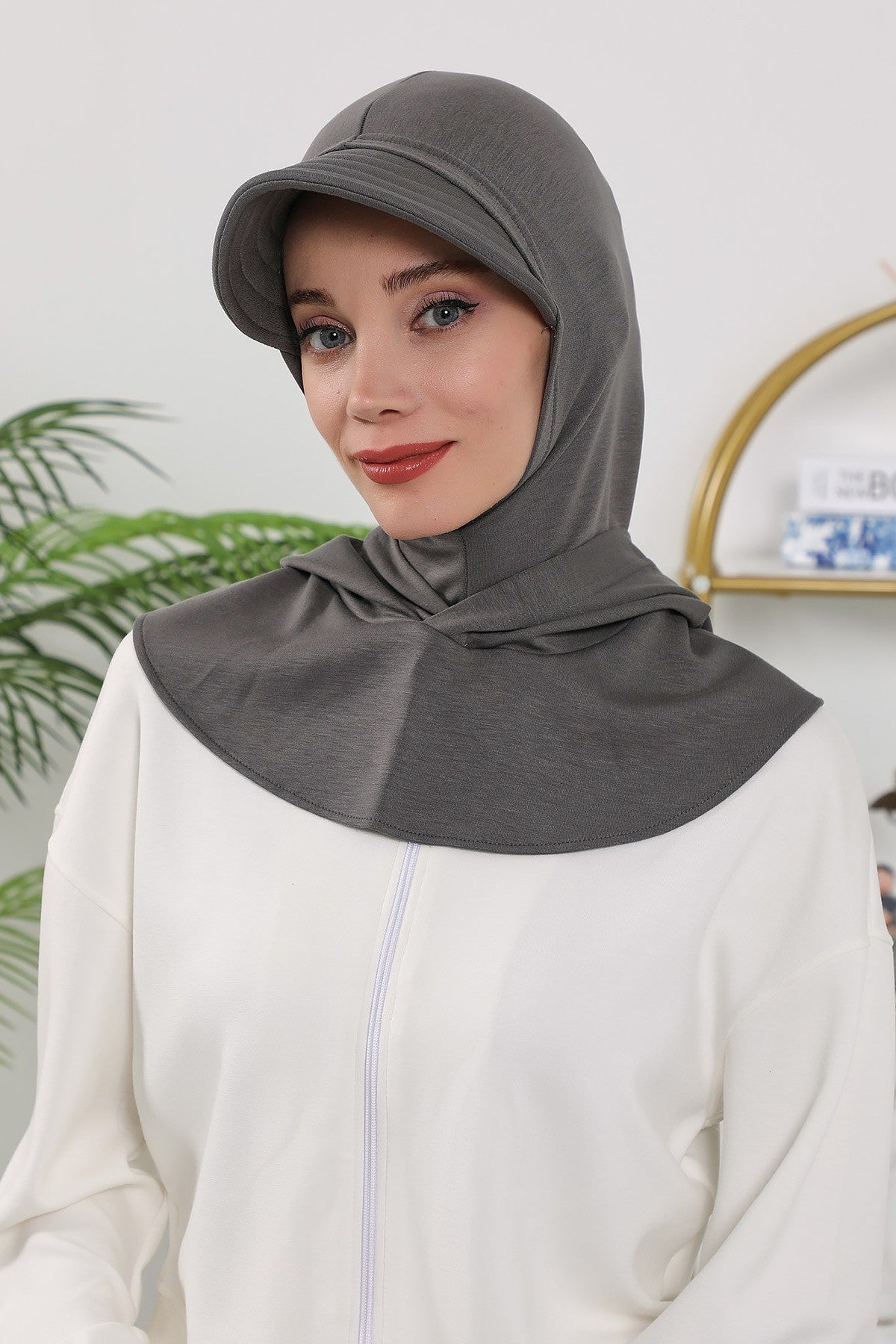 Full Coverage Bonnet Hijab with Visor, Ready to Wear Modest Visor Underscarf Bonnet with Neck Cover for All Seasons,B-88O Anthracite