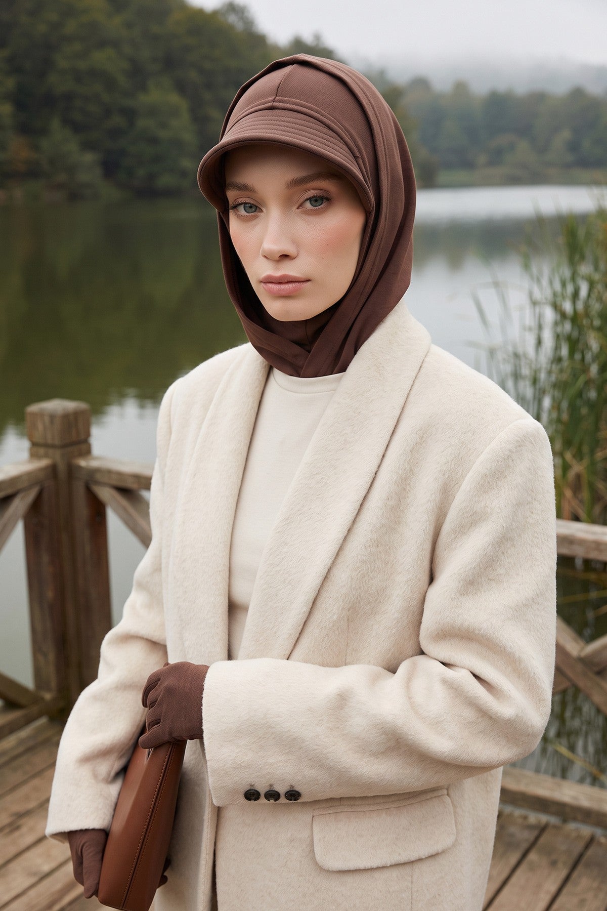 Full Coverage Bonnet Hijab with Visor, Ready to Wear Modest Visor Underscarf Bonnet with Neck Cover for All Seasons,B-88O Brown