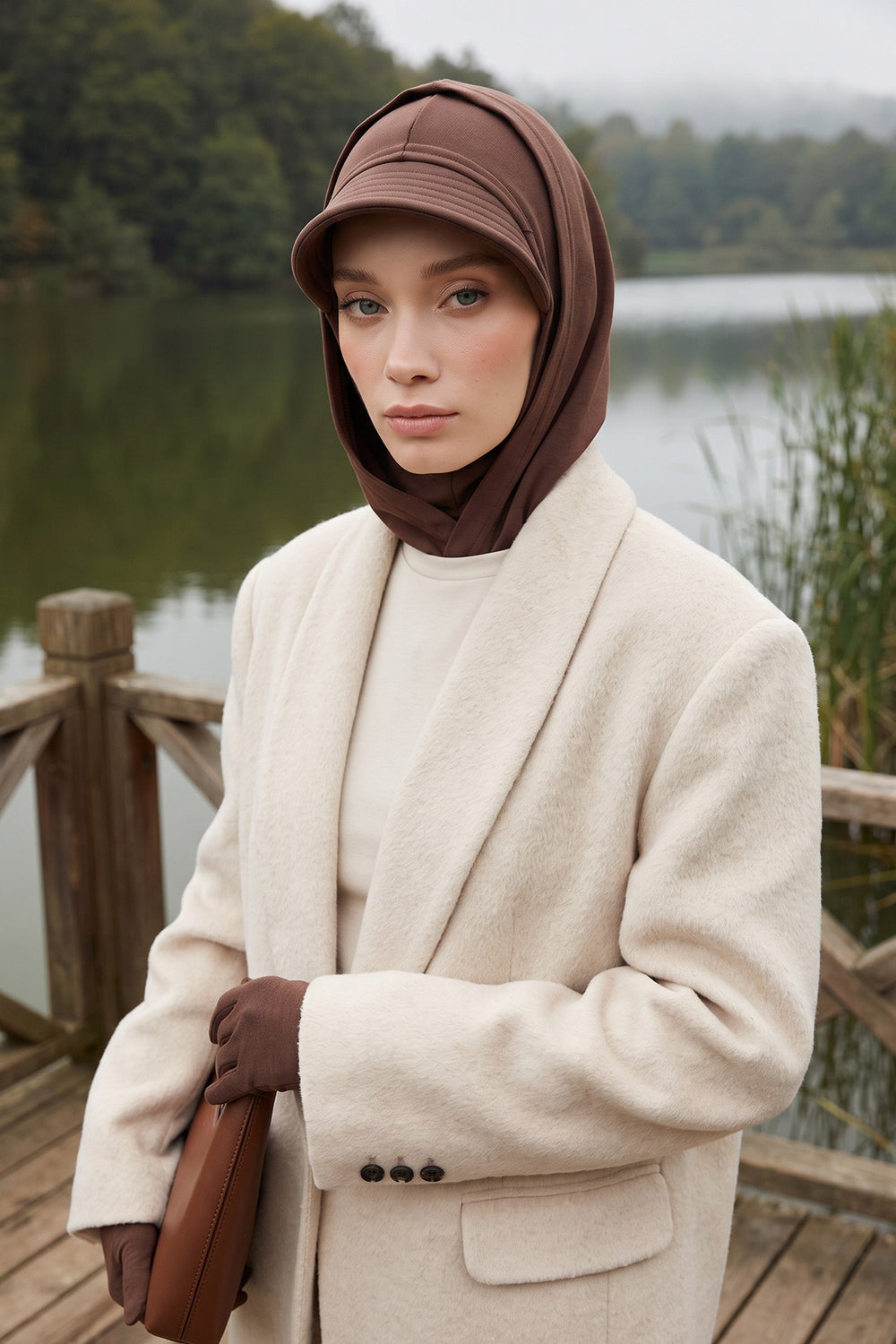 Full Coverage Bonnet Hijab with Visor, Ready to Wear Modest Visor Underscarf Bonnet with Neck Cover for All Seasons,B-88O Brown