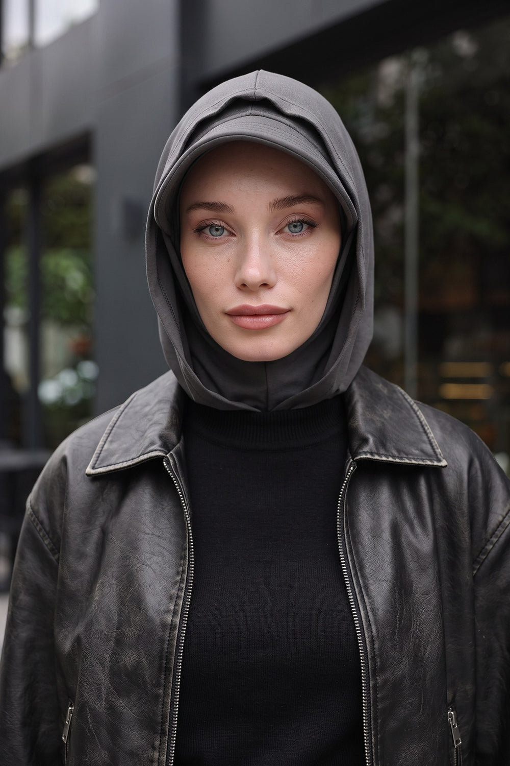 Full Coverage Bonnet Hijab with Visor, Ready to Wear Modest Visor Underscarf Bonnet with Neck Cover for All Seasons,B-88O Anthracite