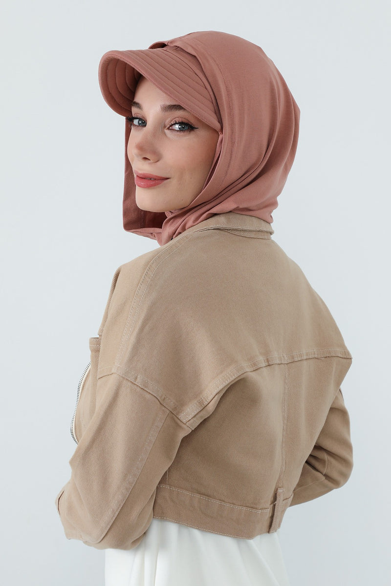 Full Coverage Cotton Bonnet Hijab with Visor, Ready to Wear Modest Visor Underscarf Bonnet with Neck Cover,B-88P