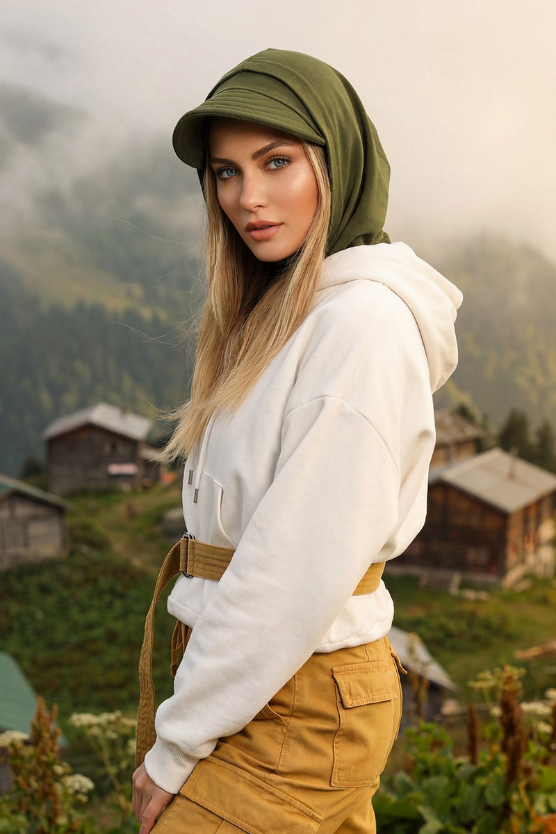 Full Coverage Cotton Bonnet Hijab with Visor, Ready to Wear Modest Visor Underscarf Bonnet with Neck Cover,B-88P