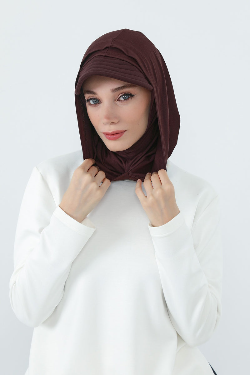 Full Coverage Cotton Bonnet Hijab with Visor, Ready to Wear Modest Visor Underscarf Bonnet with Neck Cover,B-88P