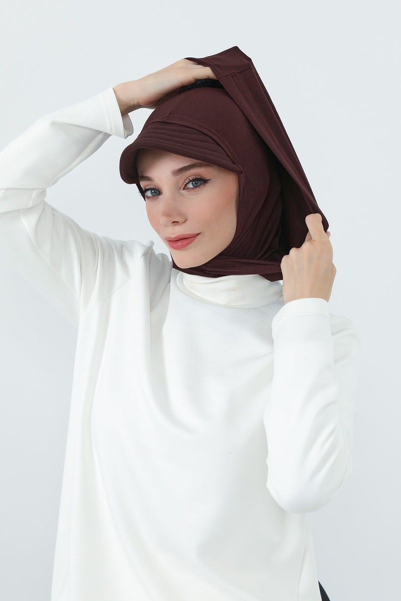 Full Coverage Cotton Bonnet Hijab with Visor, Ready to Wear Modest Visor Underscarf Bonnet with Neck Cover,B-88P